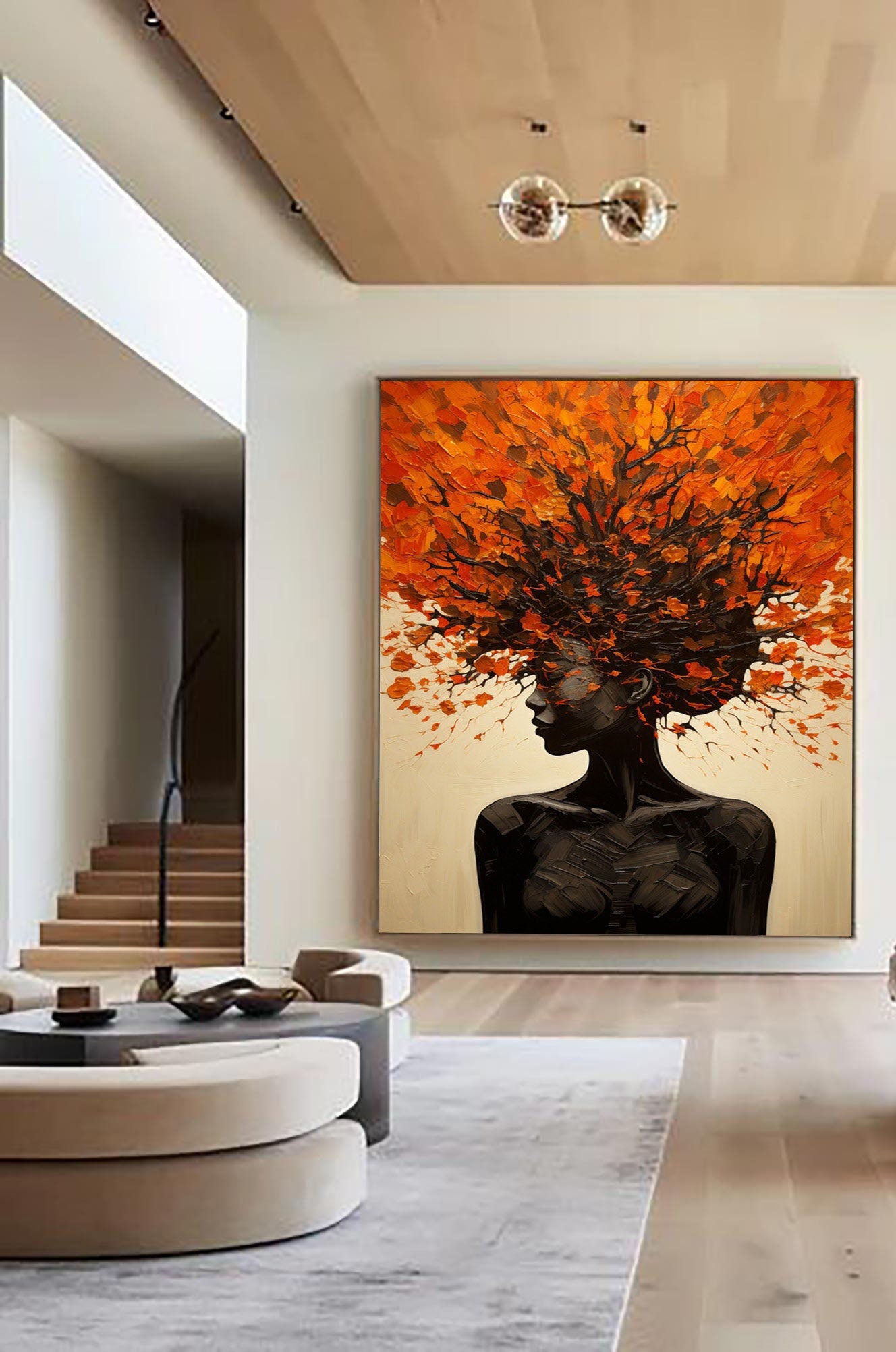 Large Textured Portrait in Black and Orange, Figurative Art #HF021