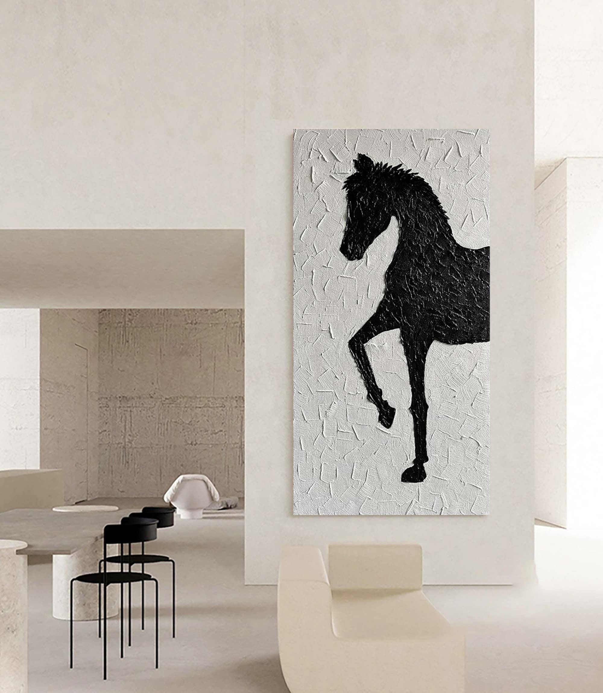 Textured Black & White Horse Art, Modern Abstract Painting #MM307