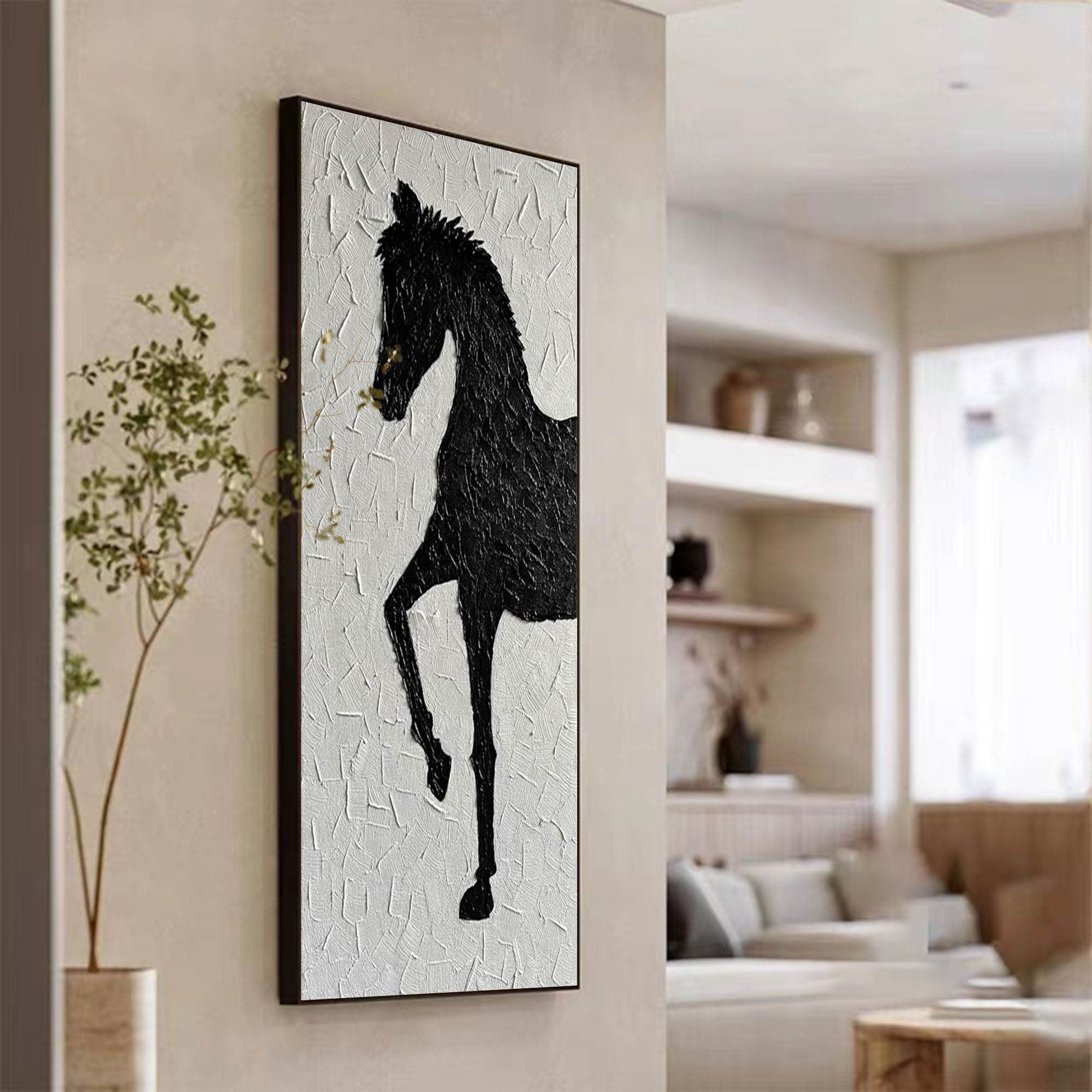 Textured Black & White Horse Art, Modern Abstract Painting #MM307