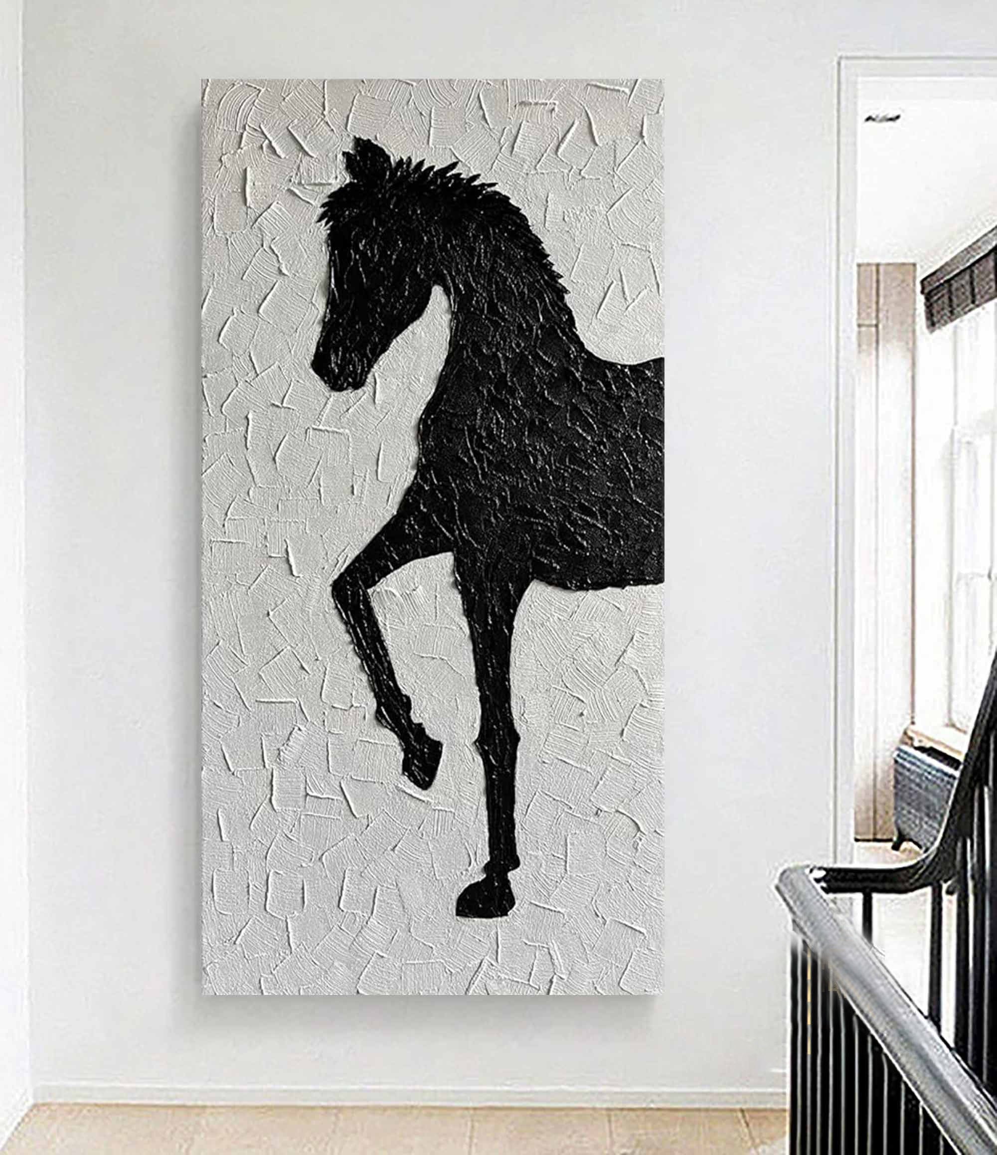 Textured Black & White Horse Art, Modern Abstract Painting #MM307