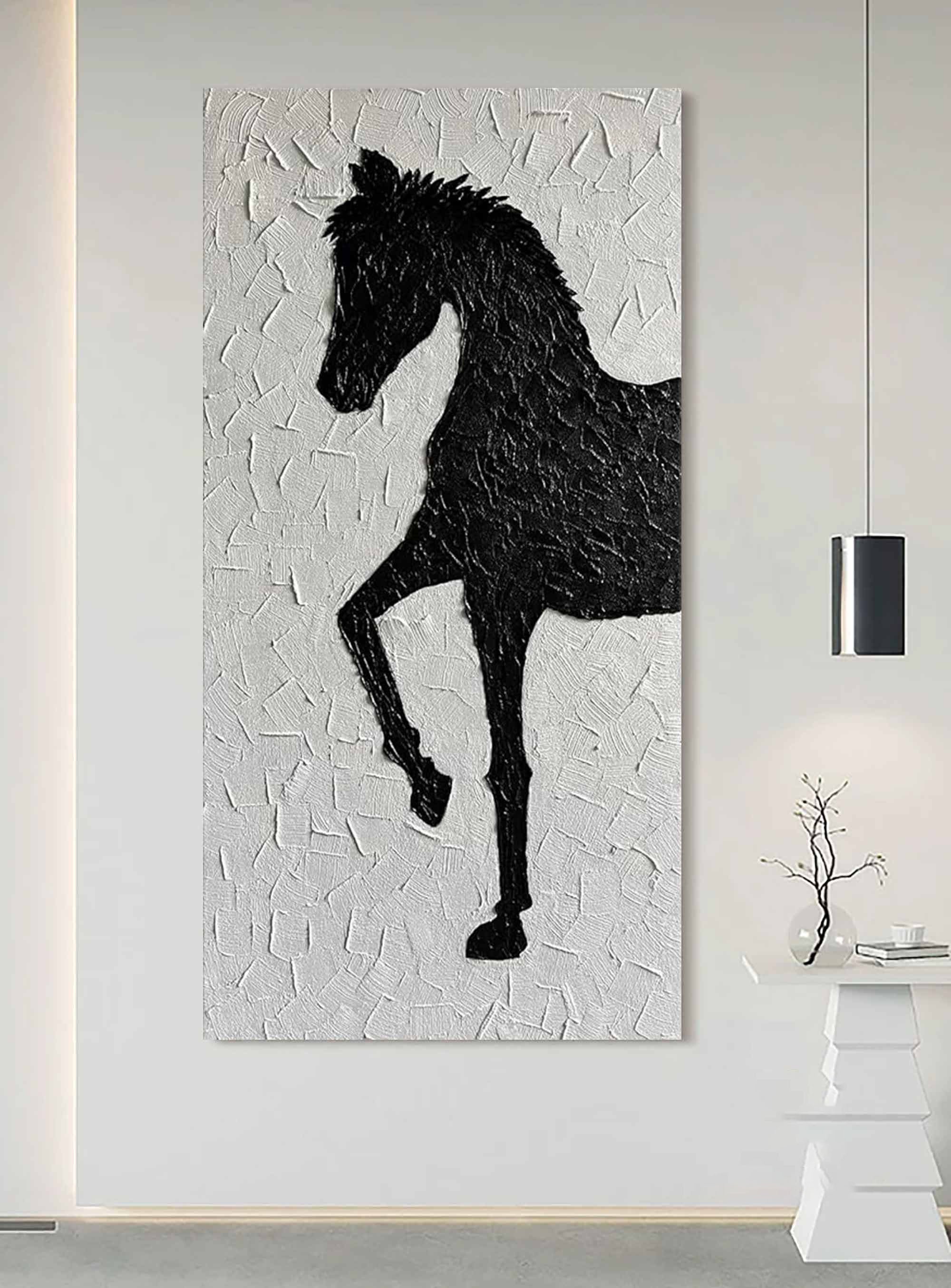 Textured Black & White Horse Art, Modern Abstract Painting #MM307