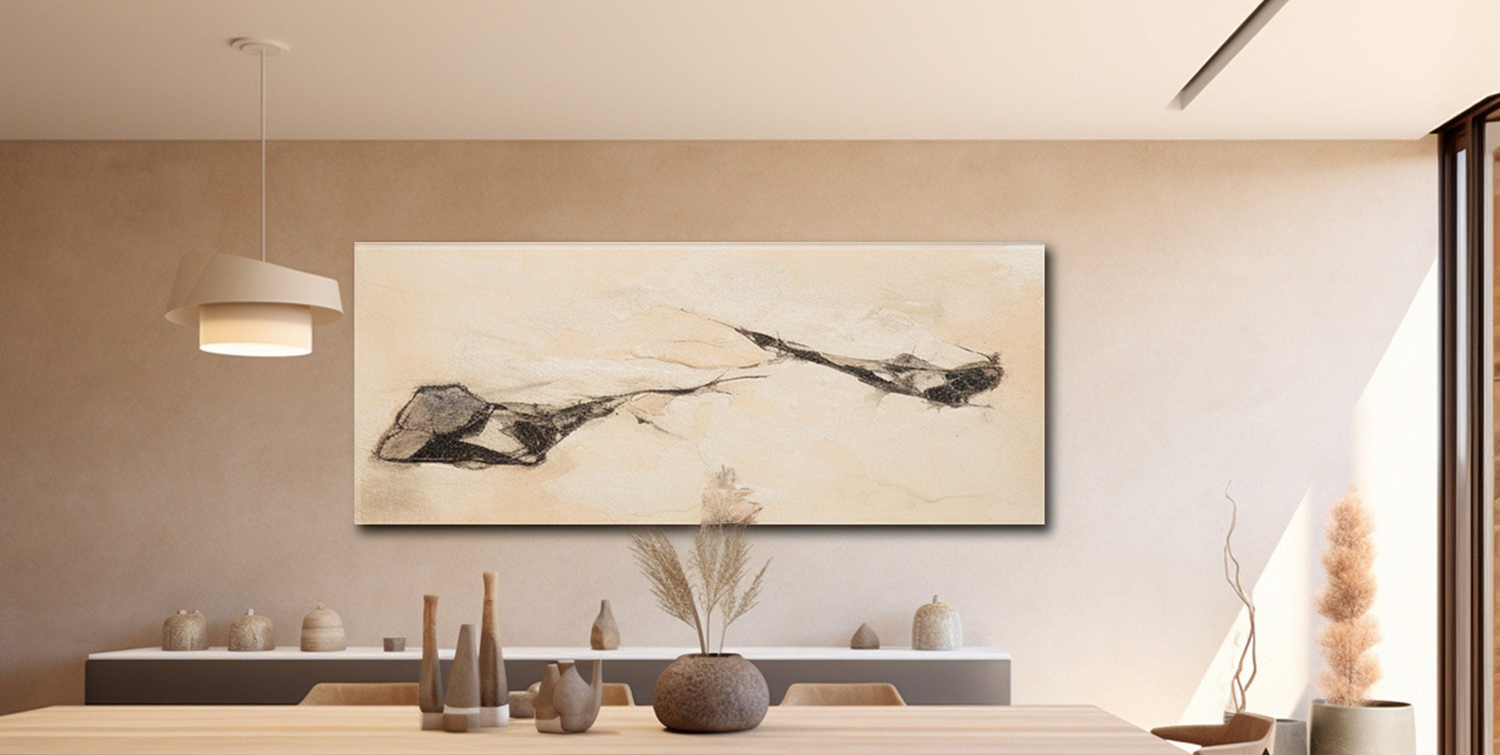 Large Beige Flowing Line Abstract Boho Wall Art #MM295