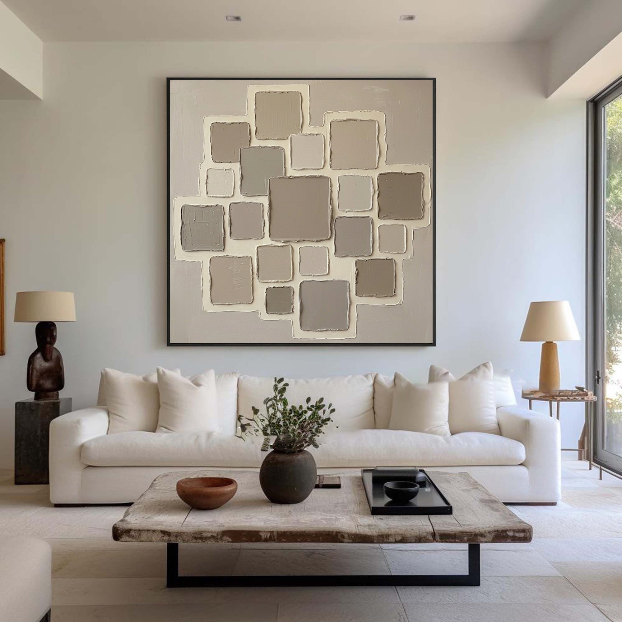 Large Minimalist Beige Oil Painting – Luxury Neutral Texture Canvas Art