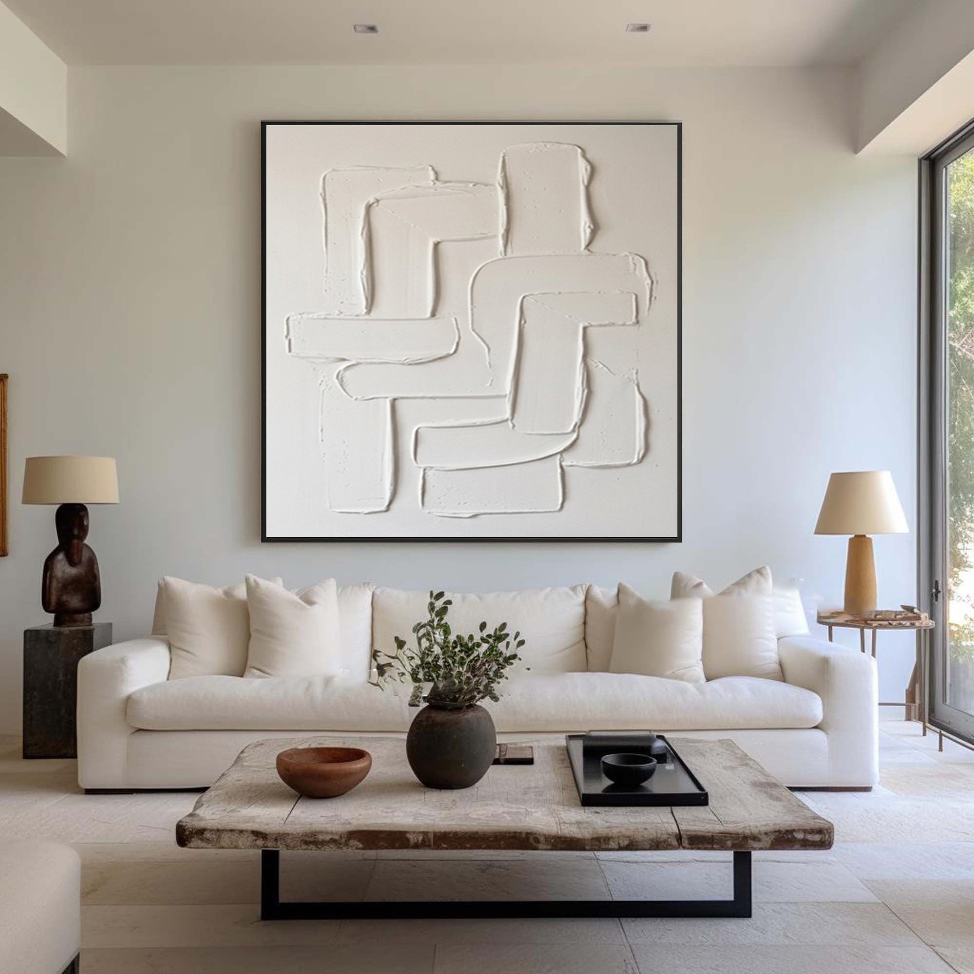 Large Neutral Sculptural Wall Art Hand Painted Curved Texture Canvas