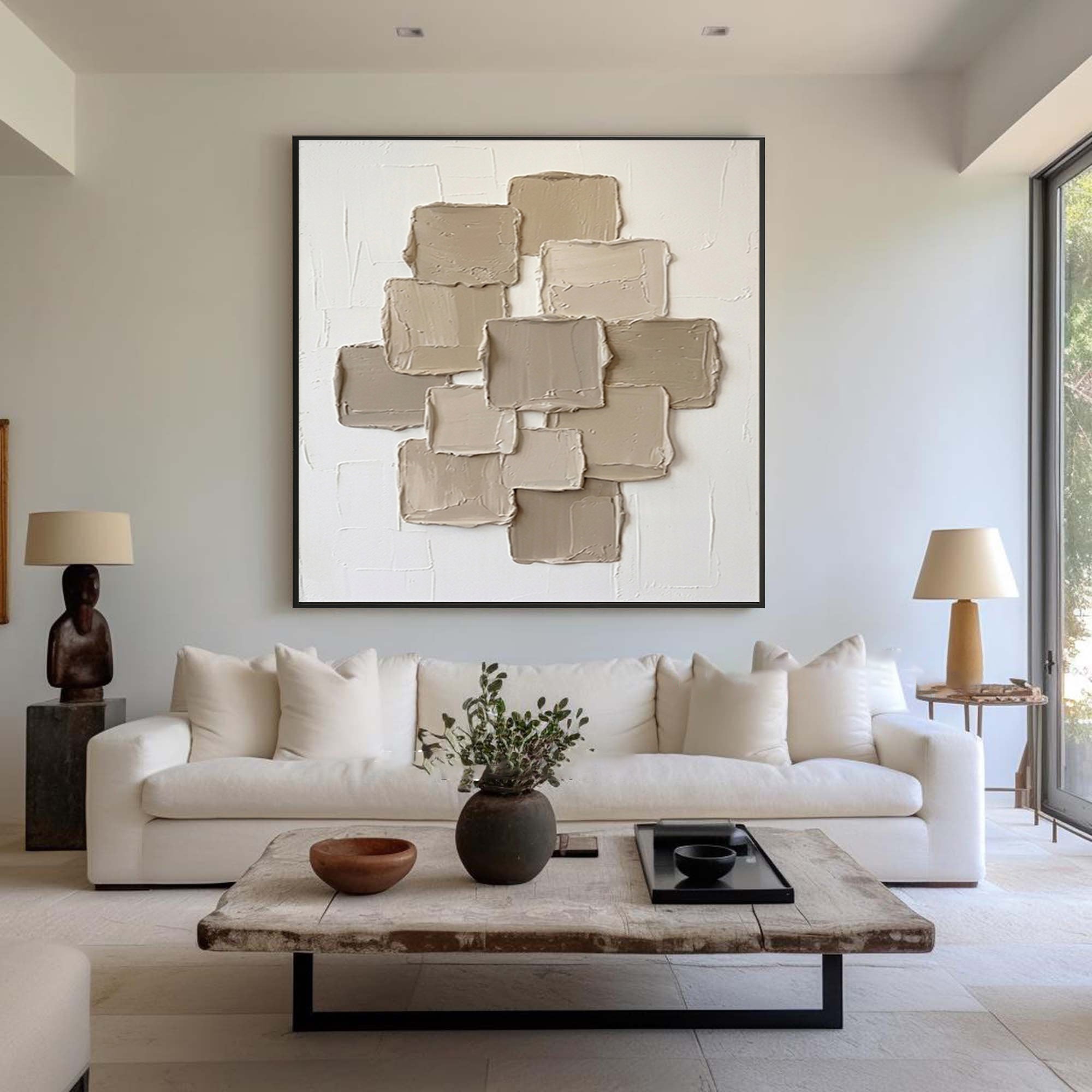 Large Contemporary Textured Wall Art Beige Geometric Canvas