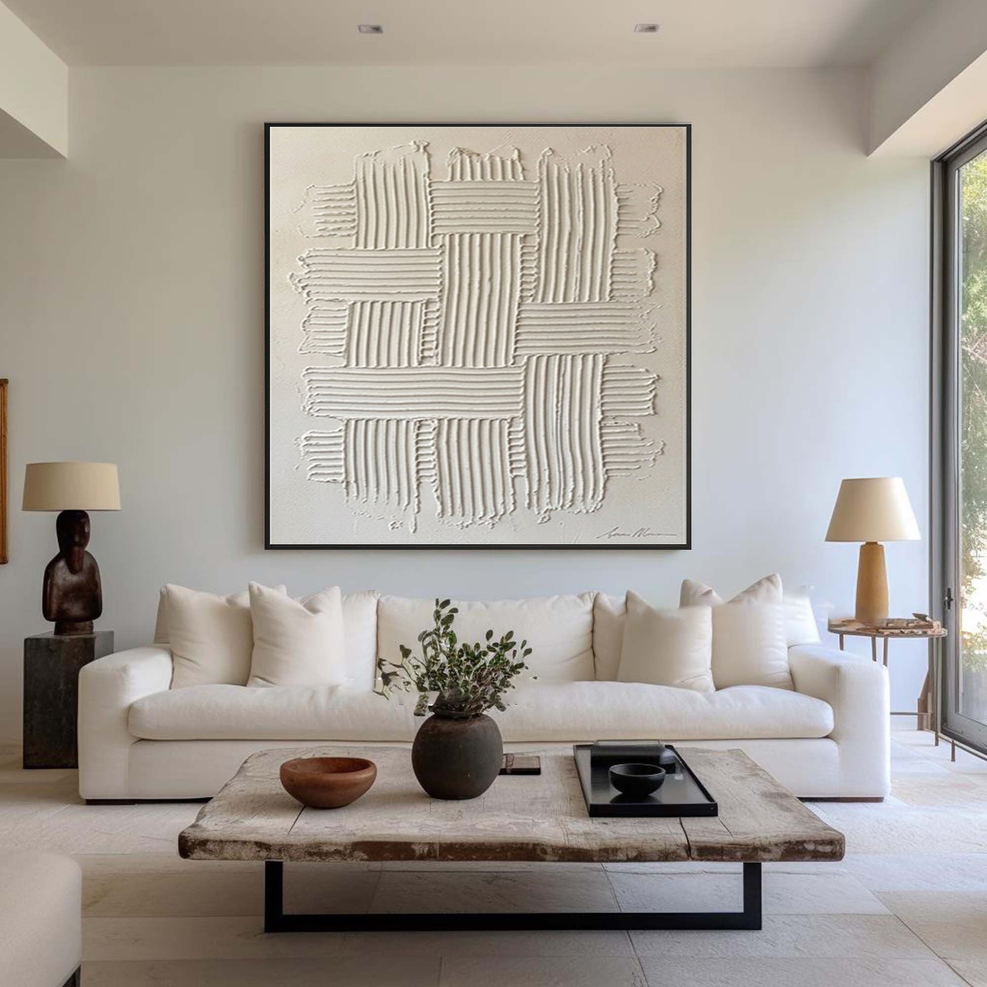 Large Modern Woven Wall Art Hand Painted Textured Neutral Canvas