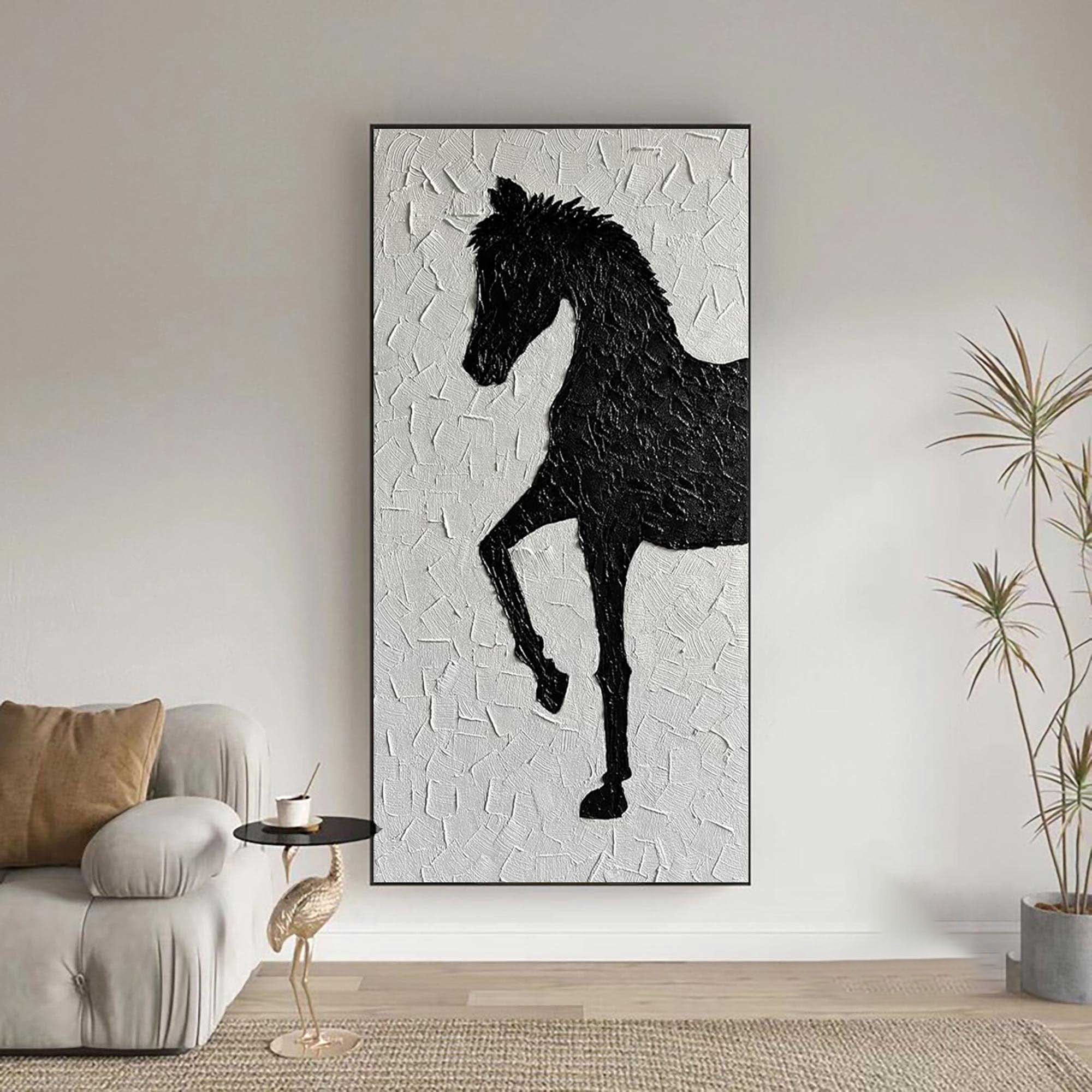 Textured Black & White Horse Art, Modern Abstract Painting #MM307