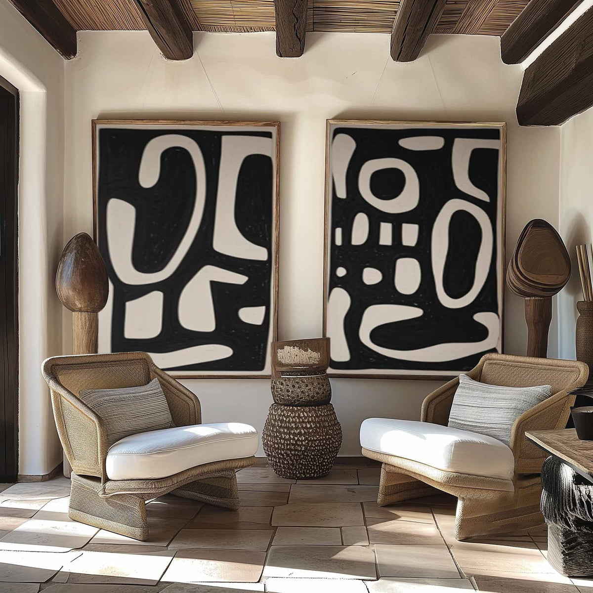 Shadowed Script: Bold Pattern Art Set, Black & Beige Wall Decor #MM479