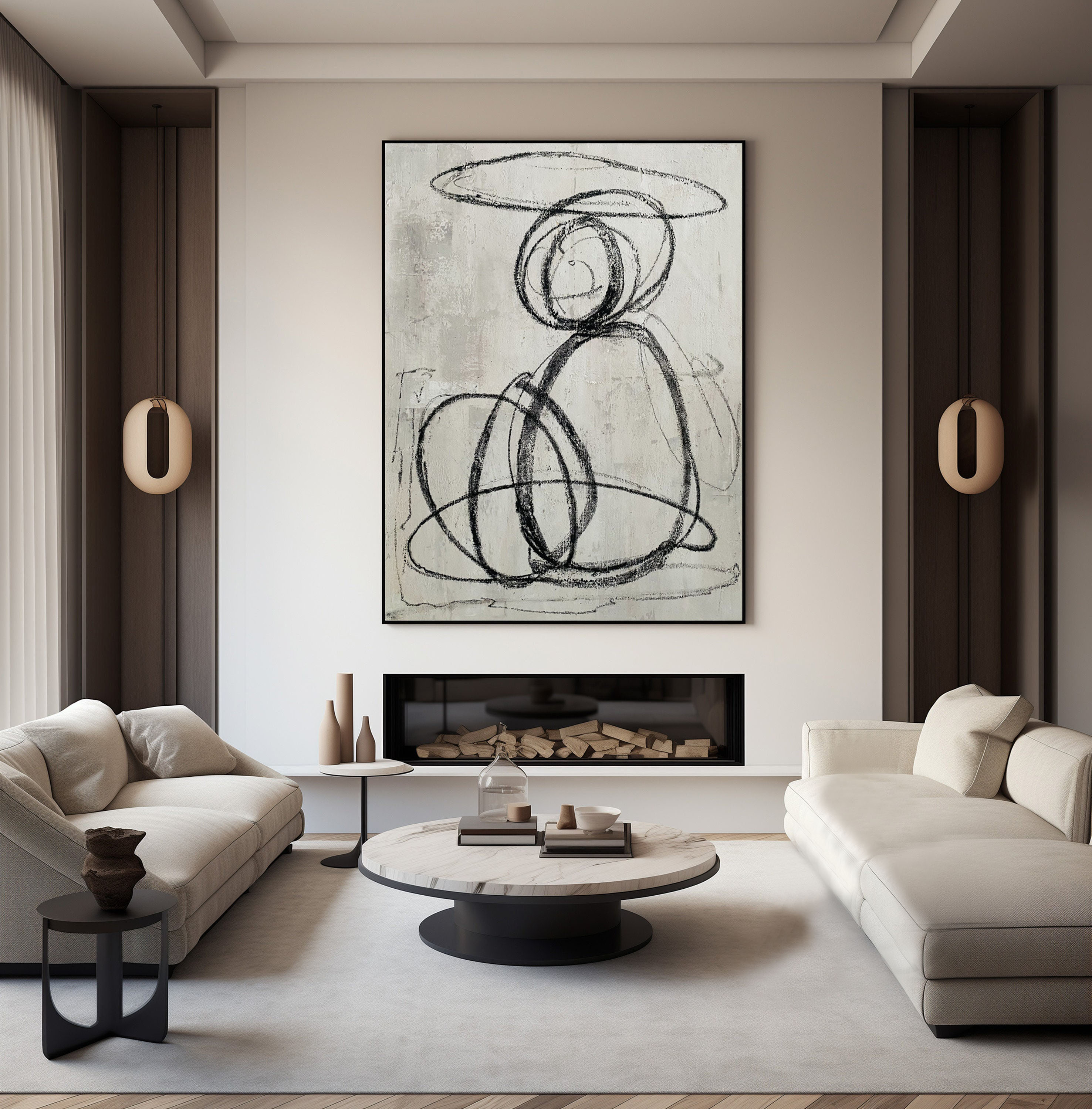 Large Gestural Line Black and White Abstract Modern Wall Art #MM262