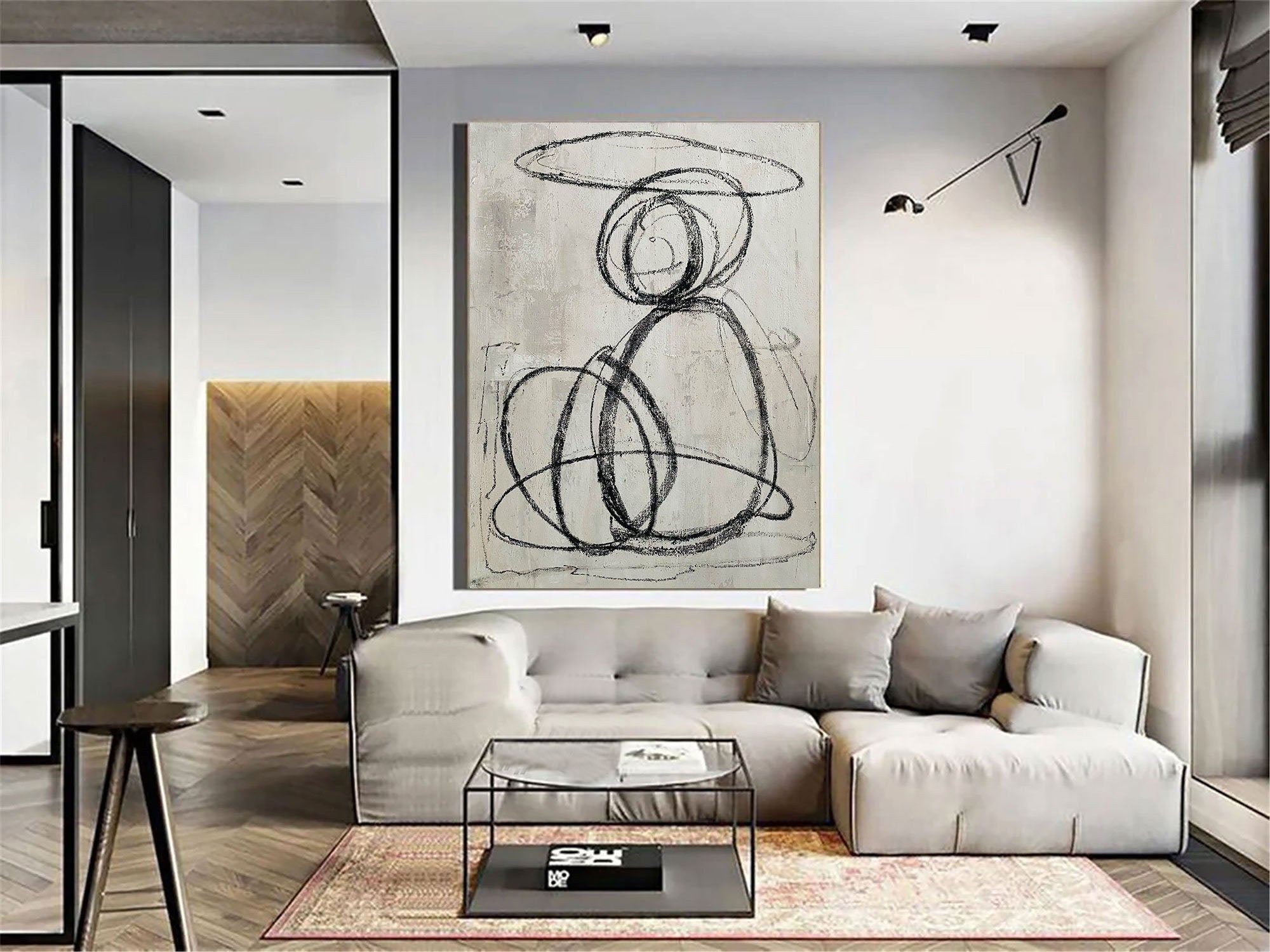 Large Gestural Line Black and White Abstract Modern Wall Art #MM262