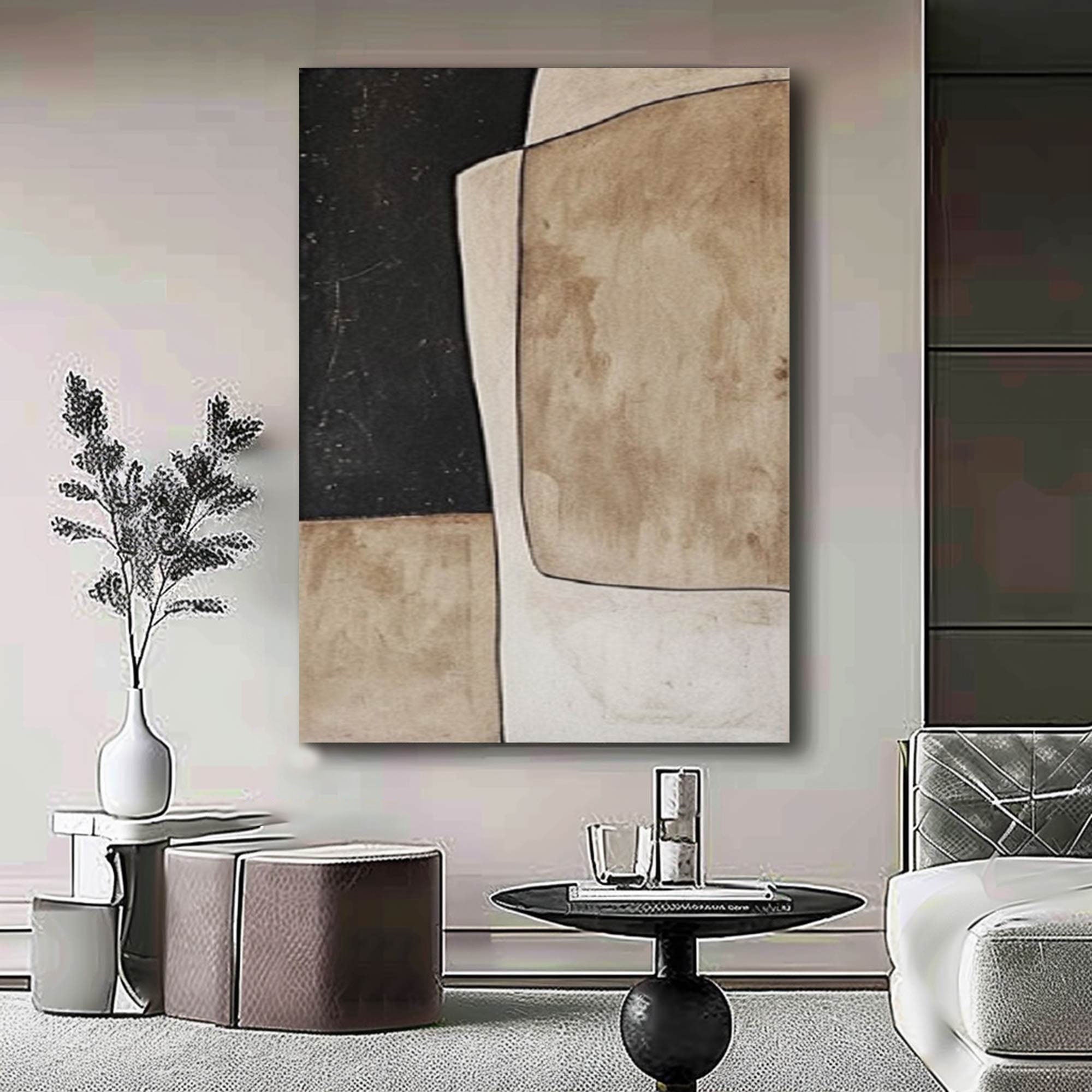 Large Minimalist Abstract Art, Beige and Black Wabi-sabi Wall Art #MM260