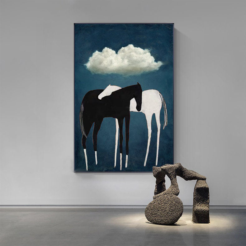 Abstract Horse Art with Black and White Horses on Blue Background