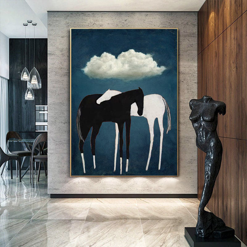 Abstract Horse Art with Black and White Horses on Blue Background #MM259