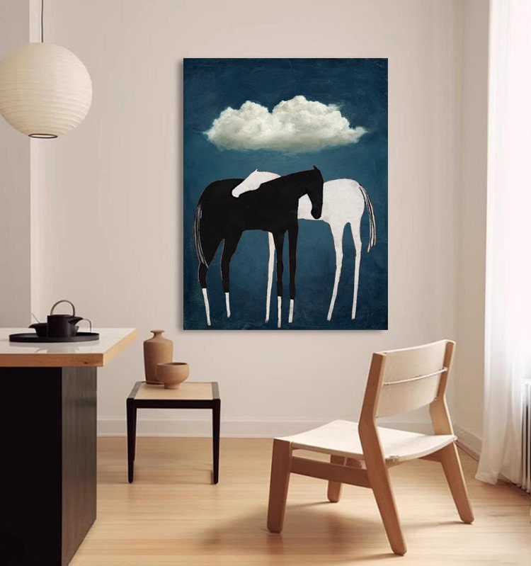 Abstract Horse Art with Black and White Horses on Blue Background #MM259