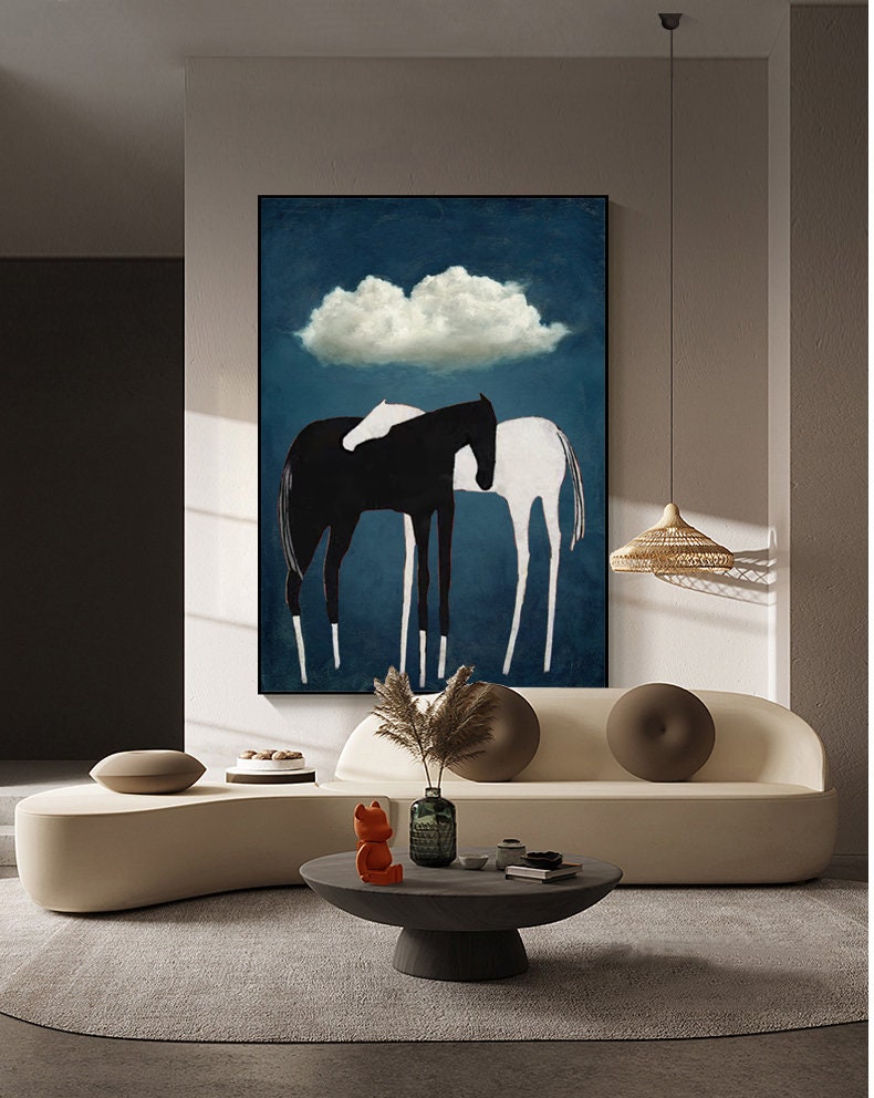 Abstract Horse Art with Black and White Horses on Blue Background #MM259