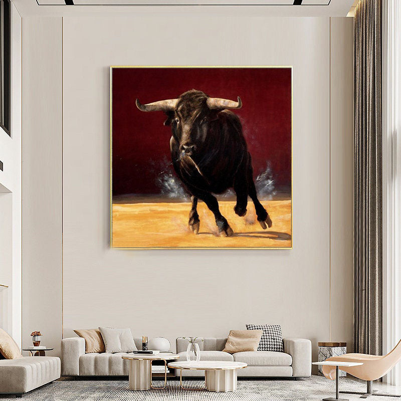 Dynamic Bull Artwork, Running Boldly in Rich Red and Gold Tones#MM286