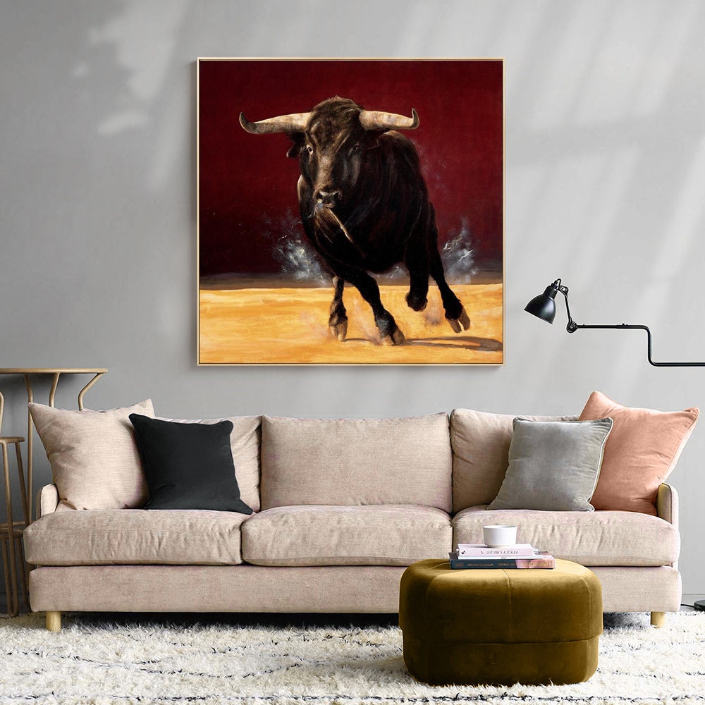 Dynamic Bull Artwork, Running Boldly in Rich Red and Gold Tones#MM286