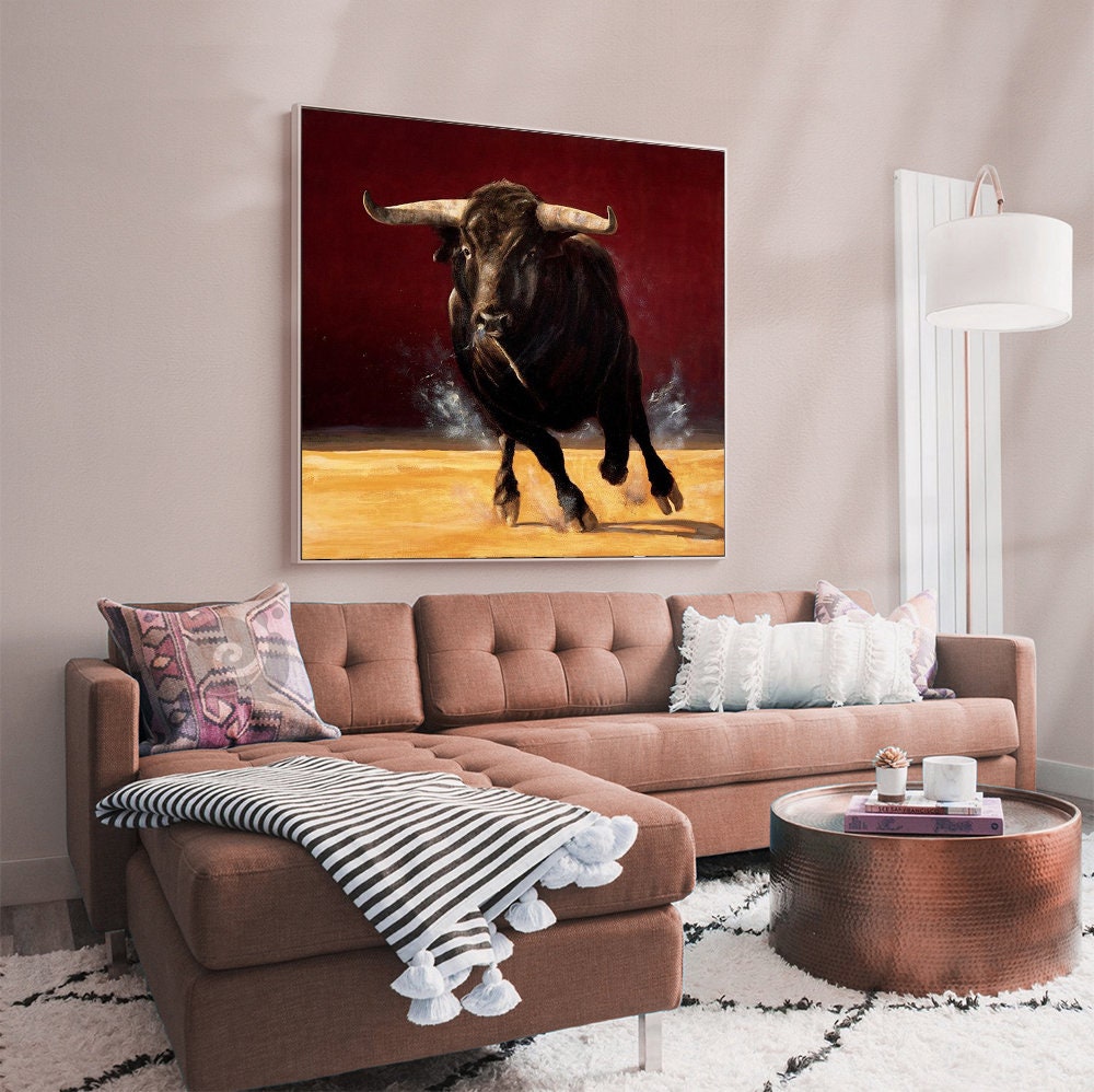 Dynamic Bull Artwork, Running Boldly in Rich Red and Gold Tones#MM286