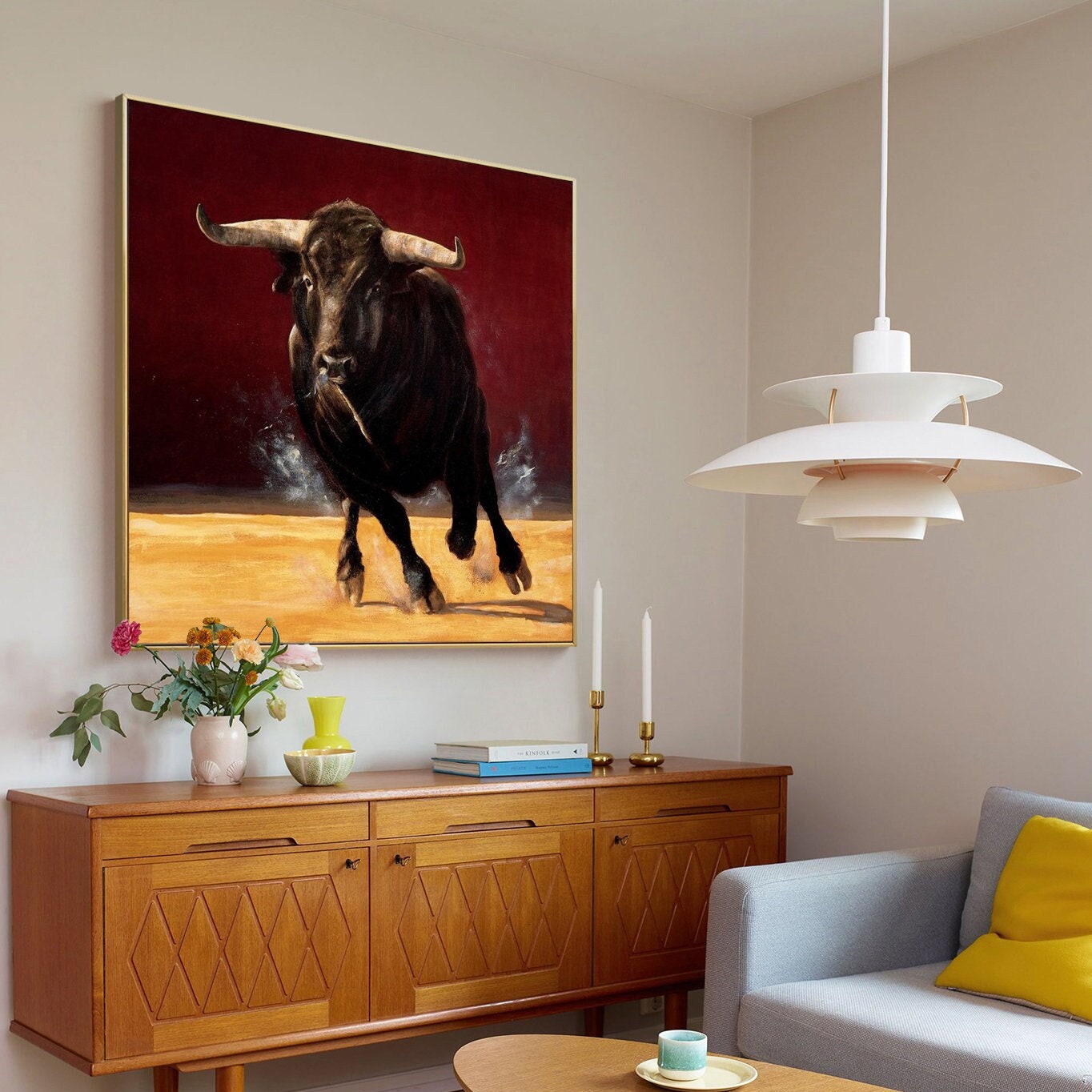 Dynamic Bull Artwork, Running Boldly in Rich Red and Gold Tones#MM286