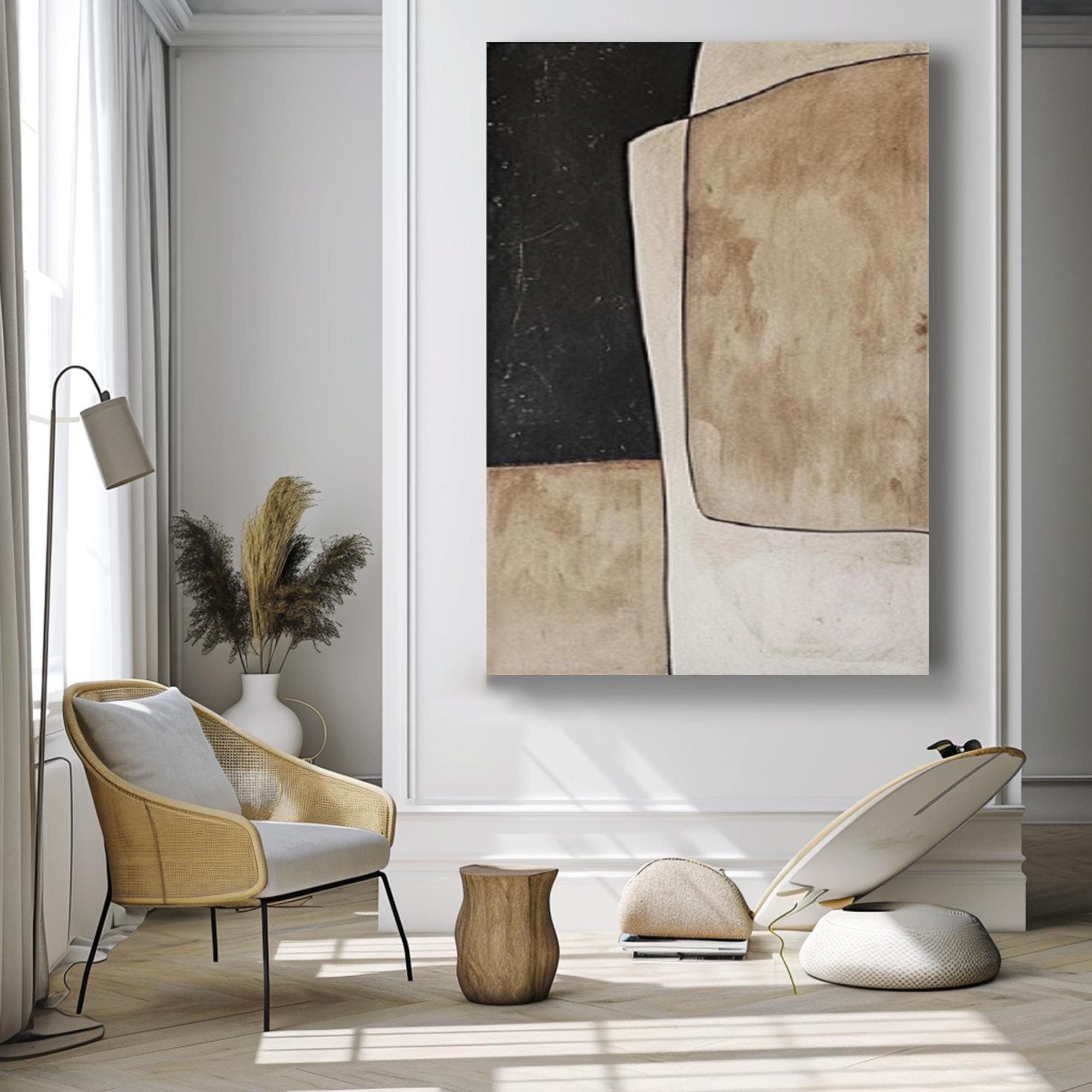 Large Minimalist Abstract Art, Beige and Black Wabi-sabi Wall Art #MM260