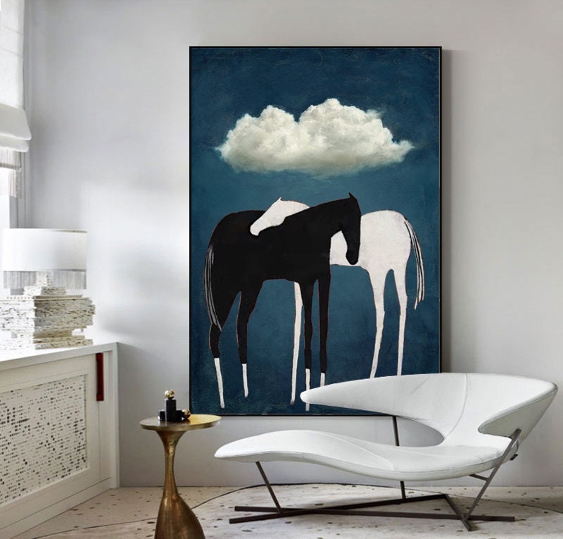 Abstract Horse Art with Black and White Horses on Blue Background #MM259