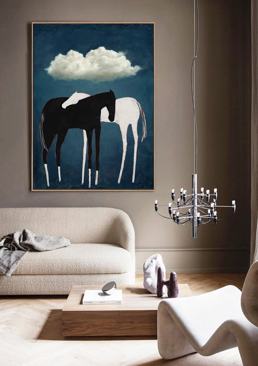 Abstract Horse Art with Black and White Horses on Blue Background #MM259