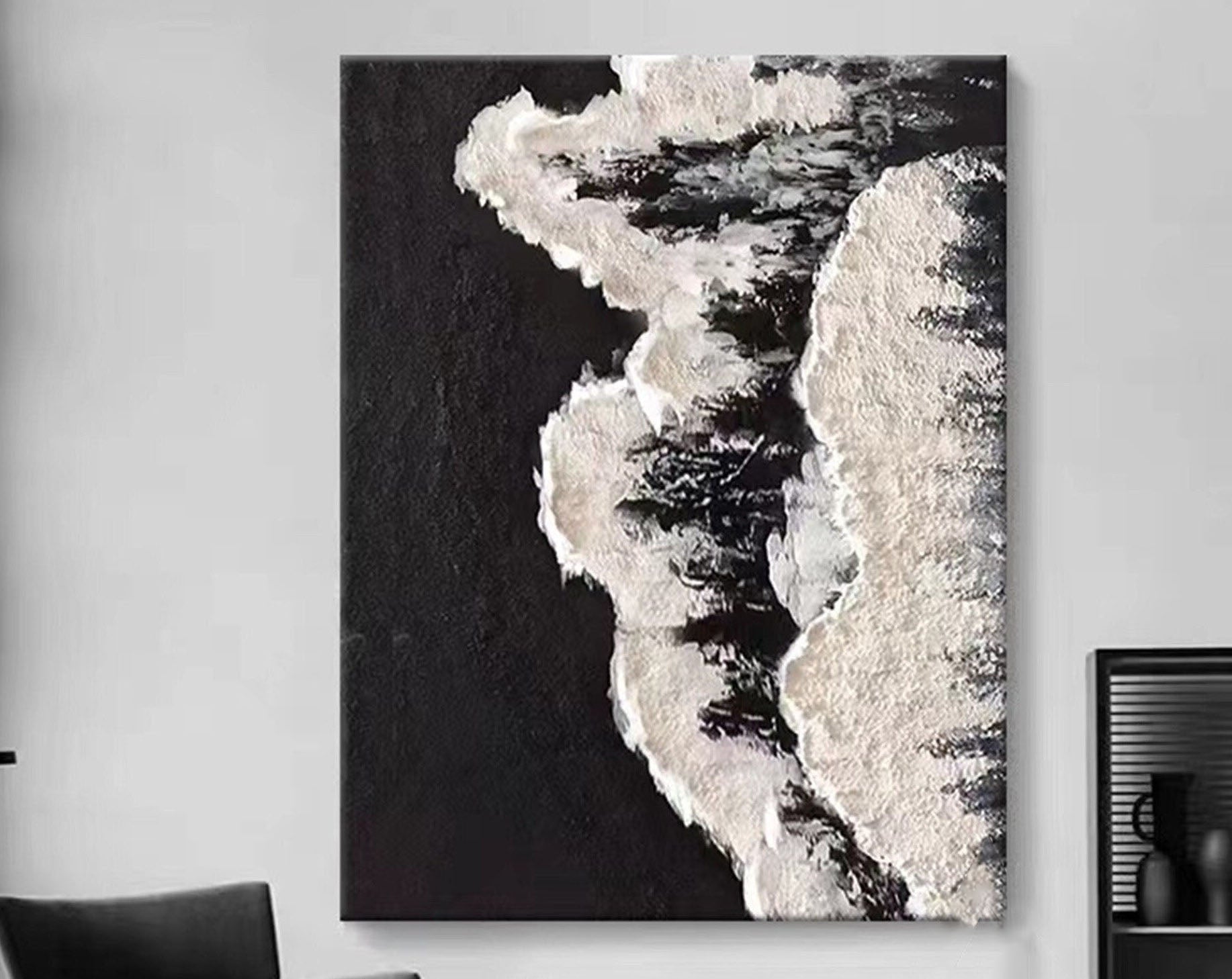 Textured White Form on Black Ocean, Minimalist Abstract Art #OP073