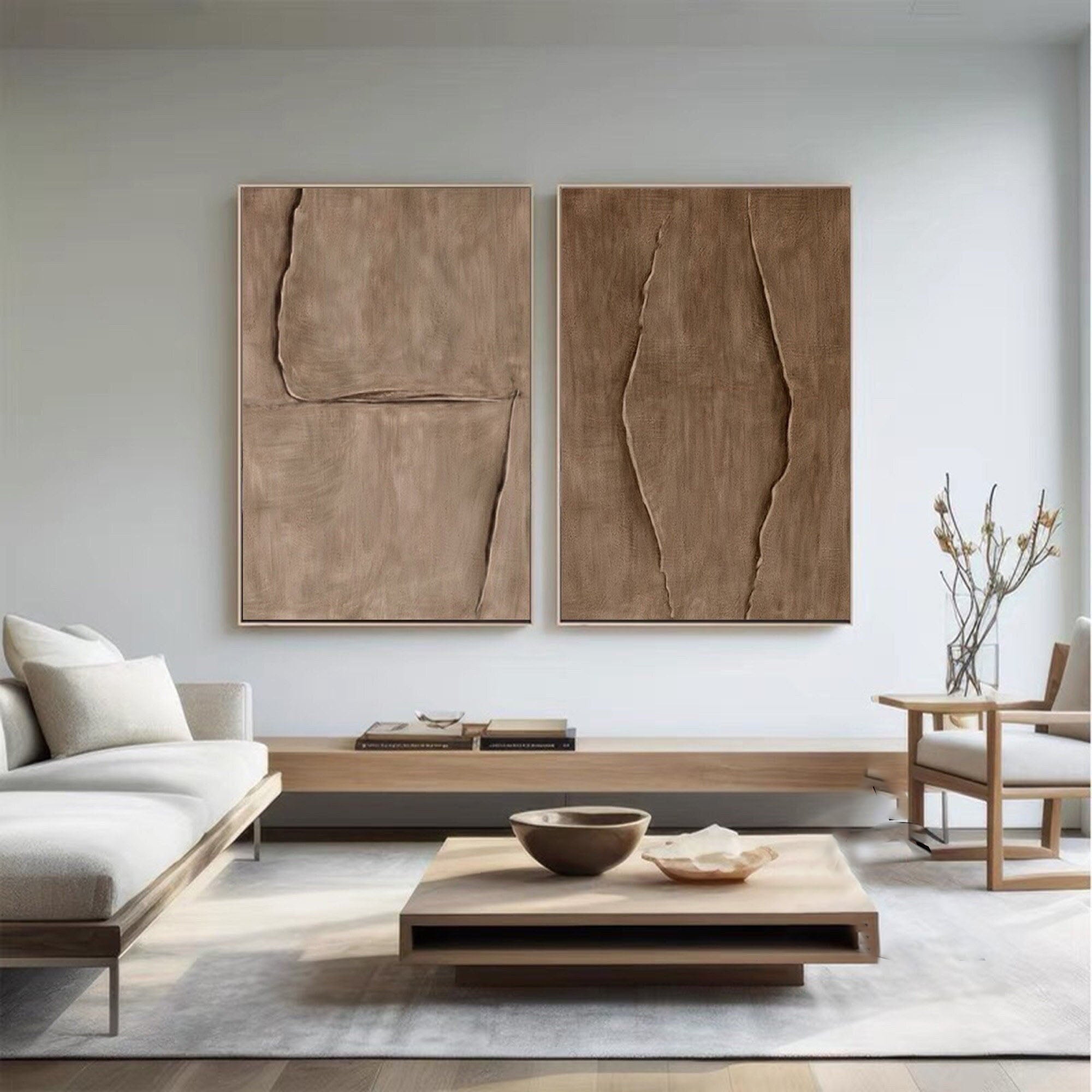 Brown Textured Organic Diptych, Minimalist Wabi Sabi Wall Art #MM304