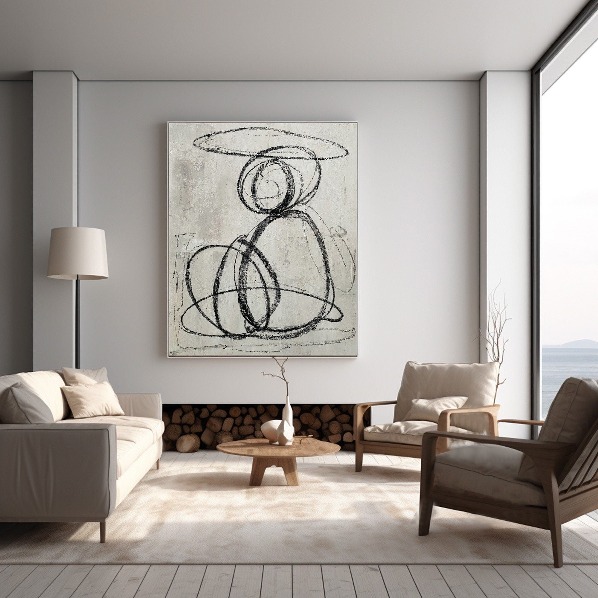 Large Gestural Line Black and White Abstract Modern Wall Art #MM262