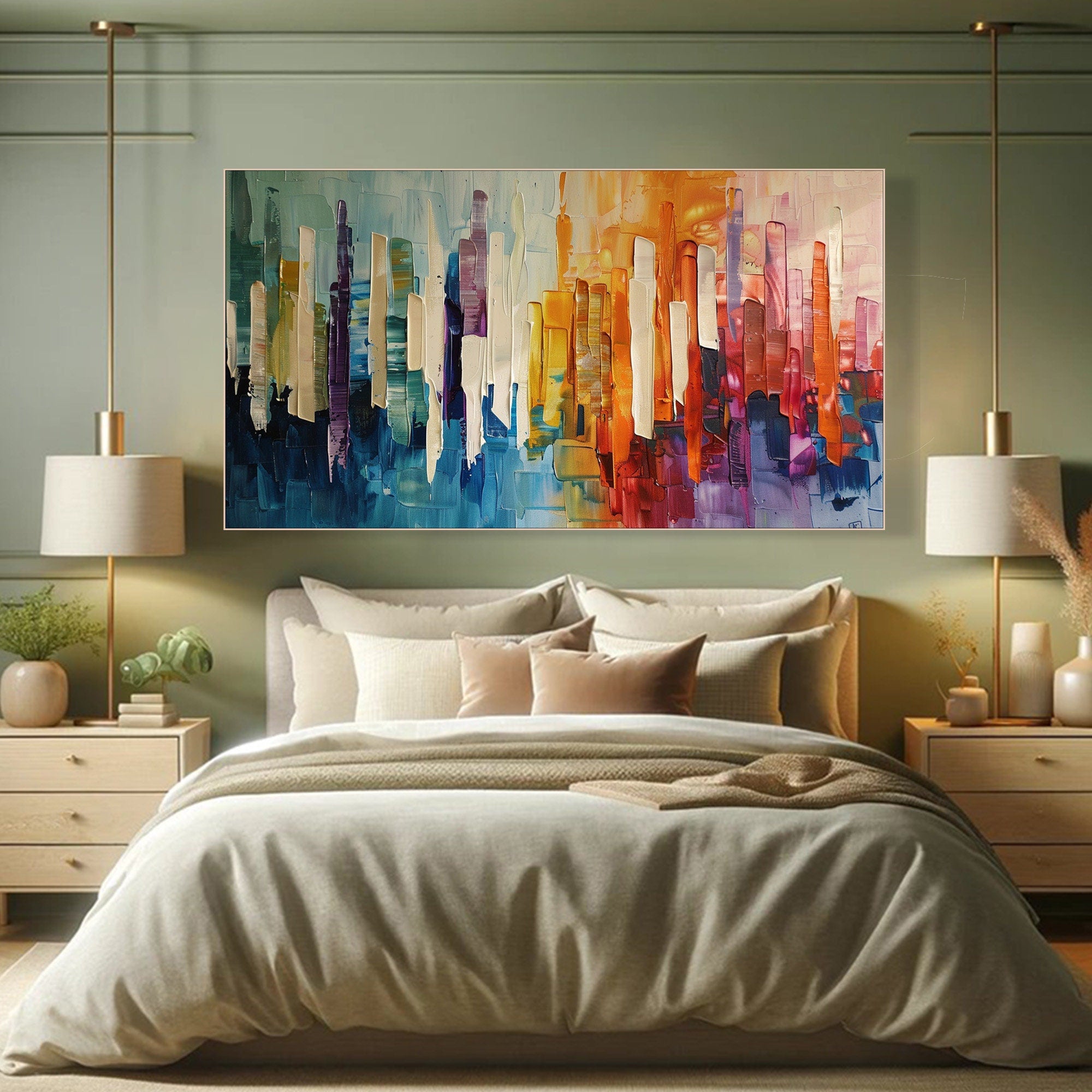 Large Colorful Textured Cityscape Abstract Urban Art #MM288