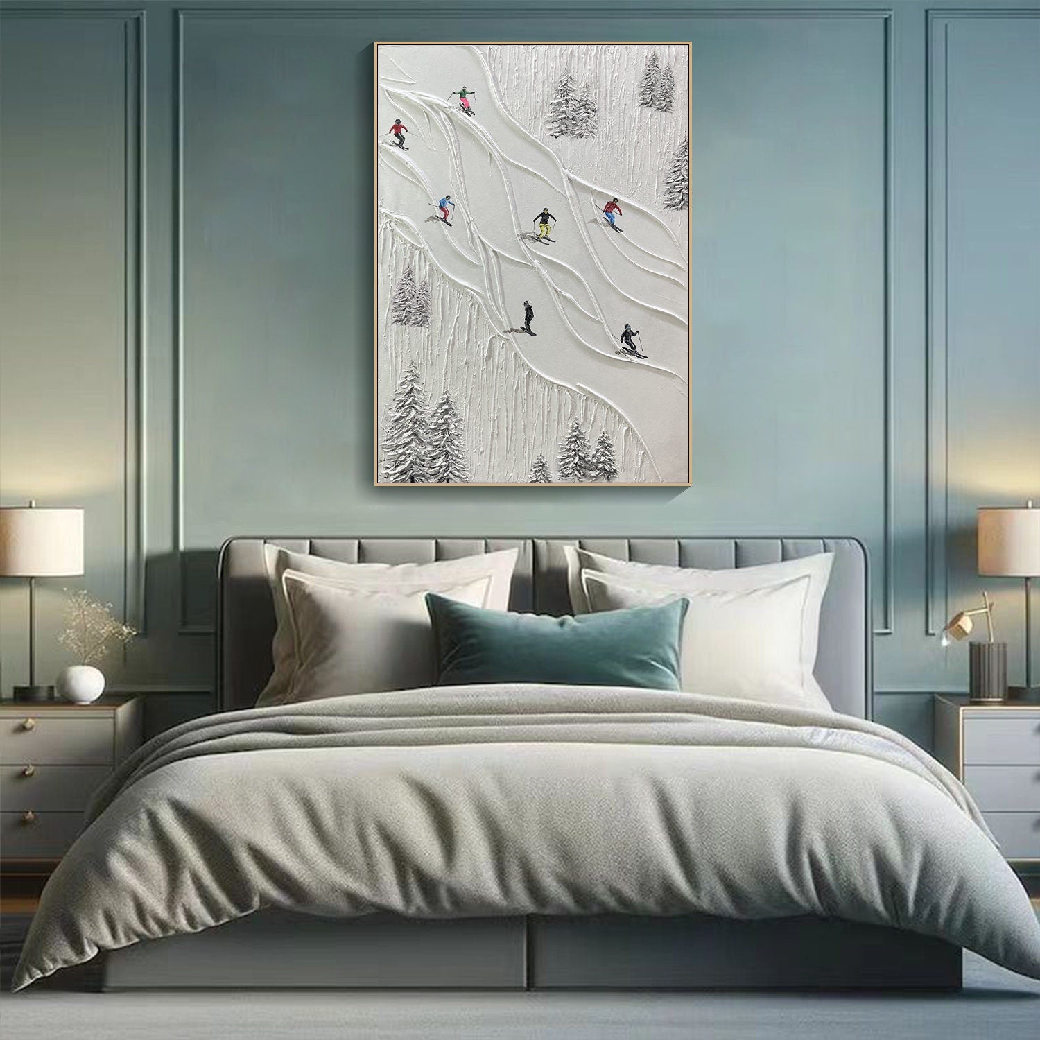 Textured Winter Landscape with Skiers, Contemporary Wall Art #SPA015