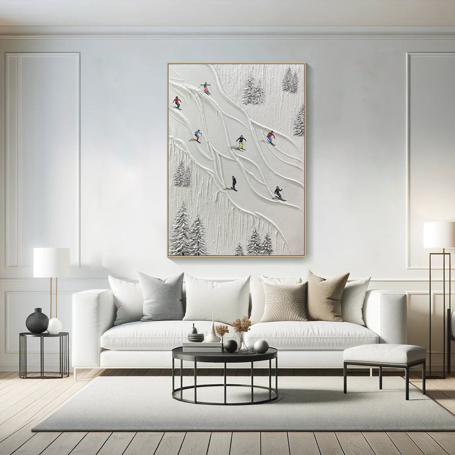 Textured Winter Landscape with Skiers, Contemporary Wall Art #SPA015