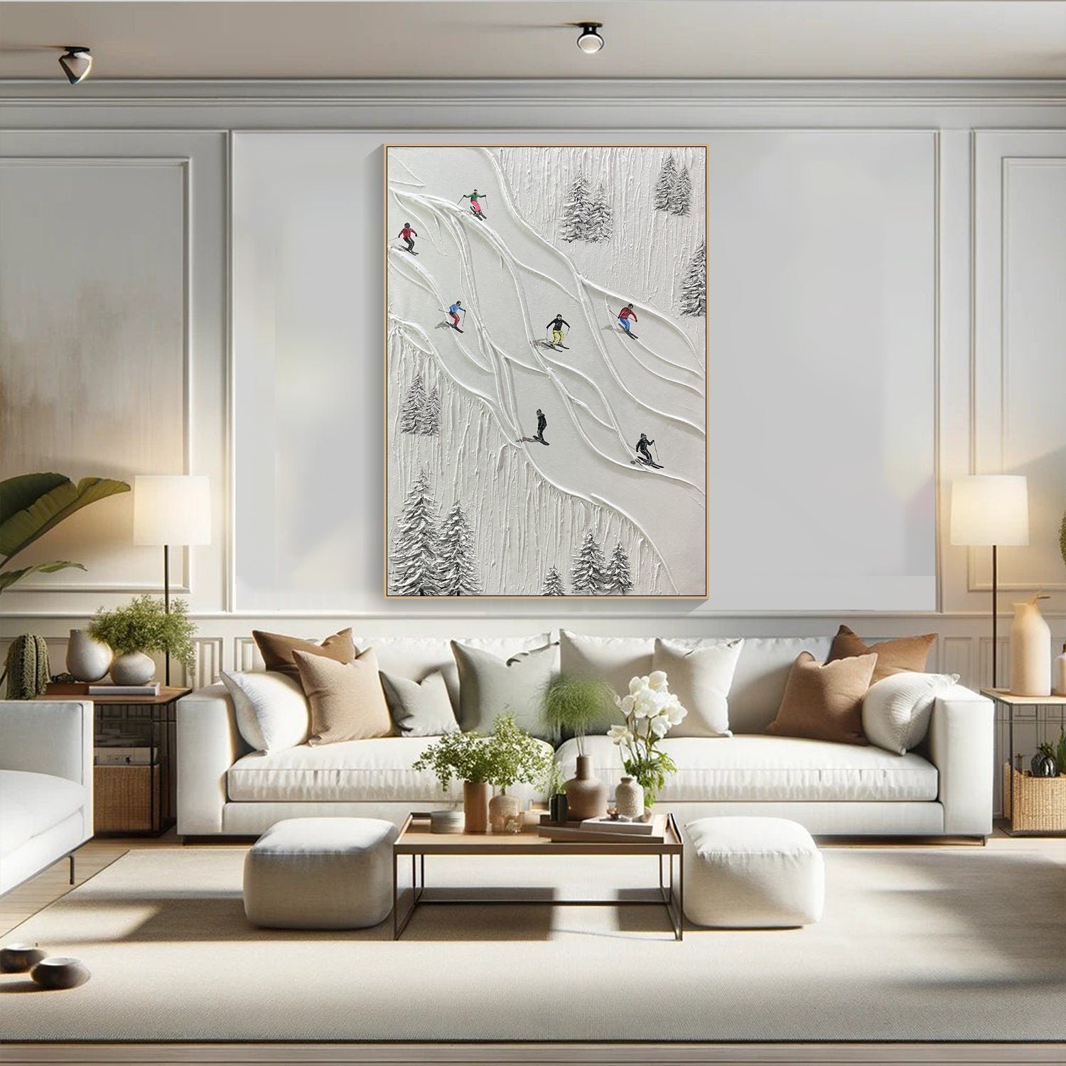 Textured Winter Landscape with Skiers, Contemporary Wall Art #SPA015