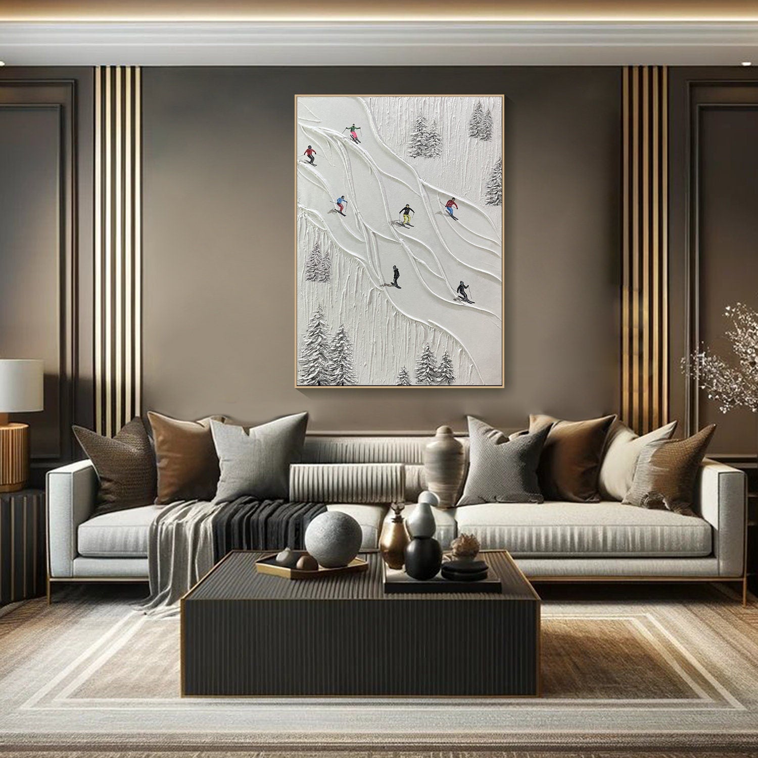 Textured Winter Landscape with Skiers, Contemporary Wall Art #SPA015