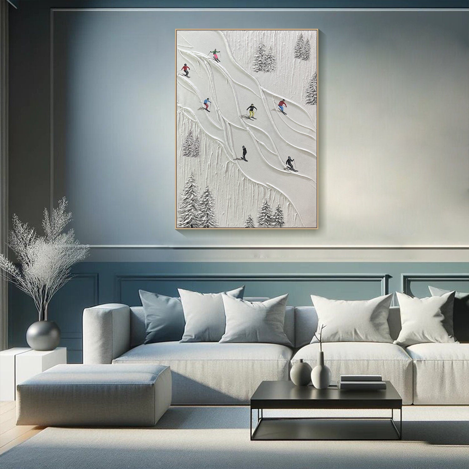 Textured Winter Landscape with Skiers, Contemporary Wall Art #SPA015