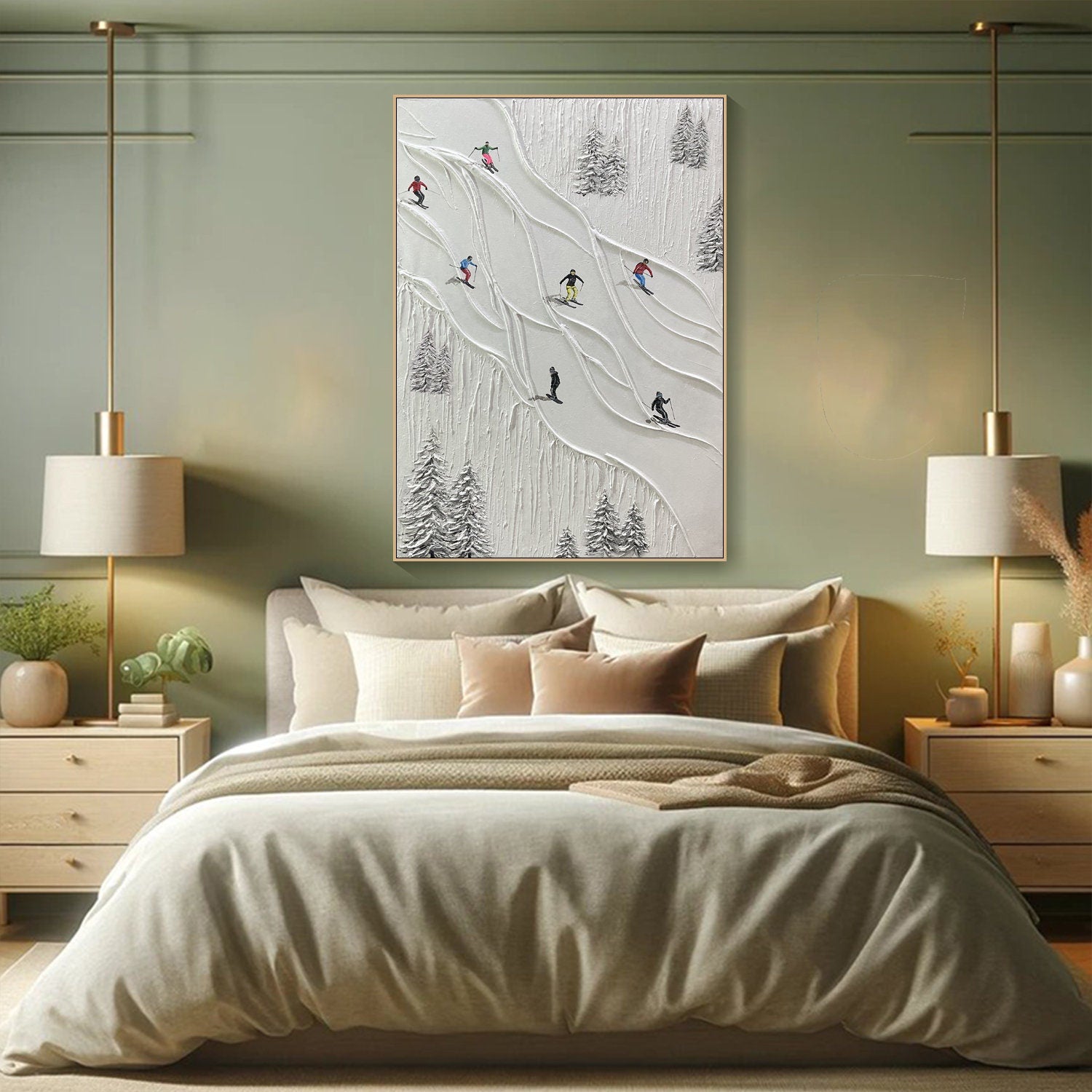 Textured Winter Landscape with Skiers, Contemporary Wall Art #SPA015