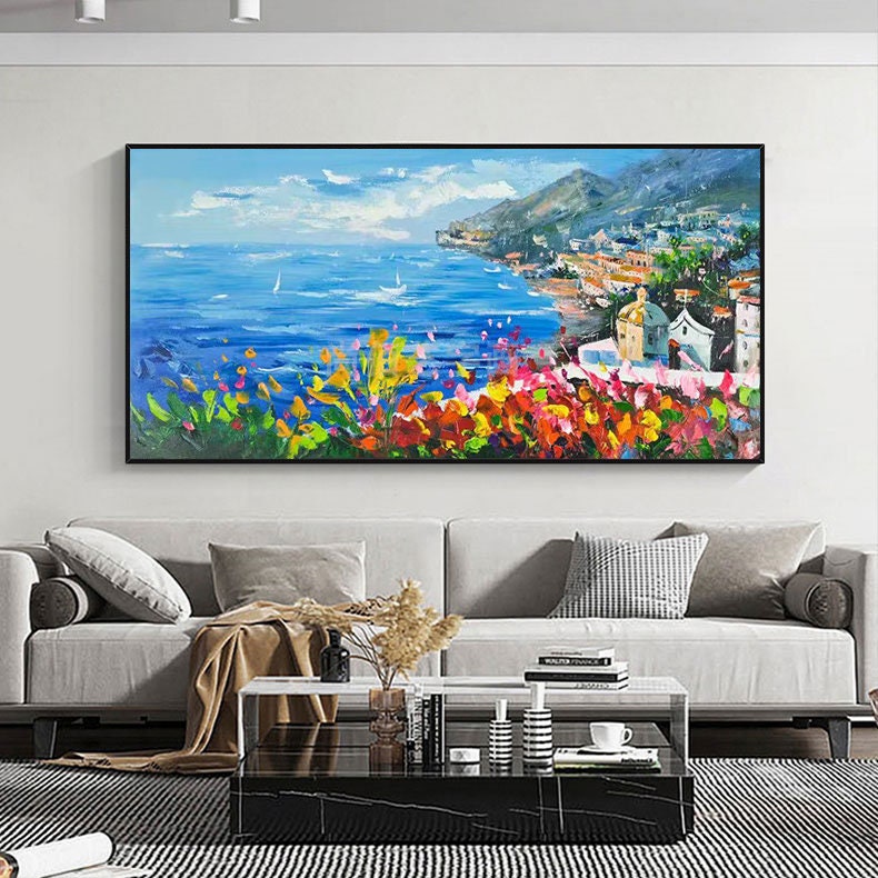 Vibrant Coastal Village View, Colorful Seaside Landscape Oil Painting #MM303