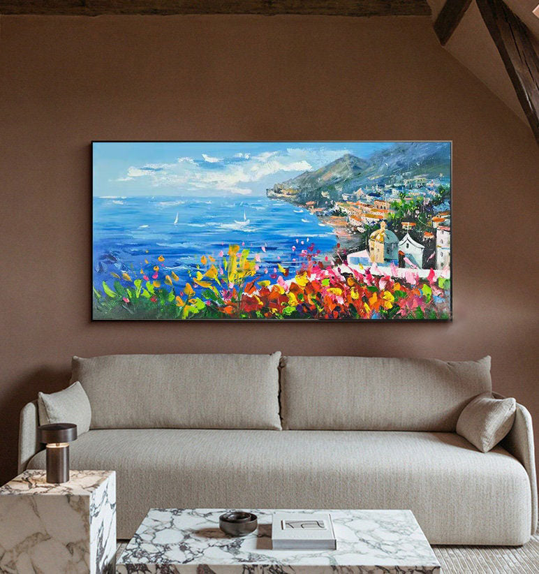 Vibrant Coastal Village View, Colorful Seaside Landscape Oil Painting #MM303