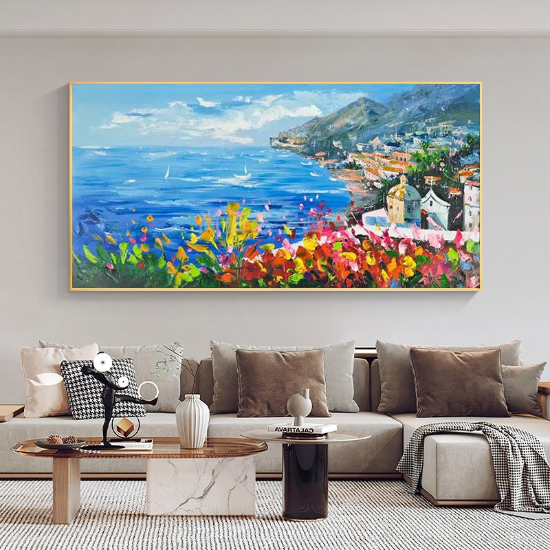 Vibrant Coastal Village View, Colorful Seaside Landscape Oil Painting #MM303