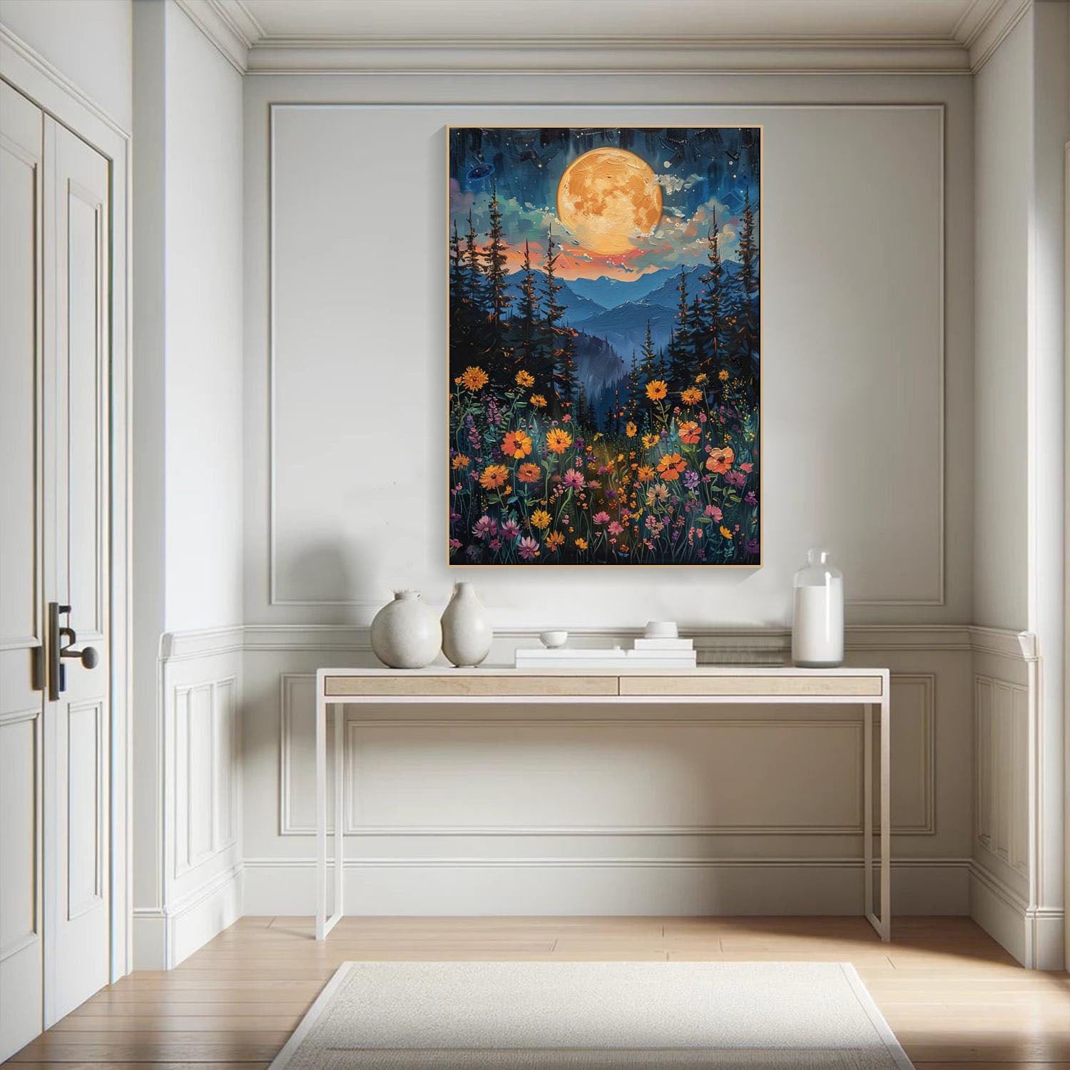 Tranquil Moonlit Meadow And Flower Field, Modern Wall Art #MM321