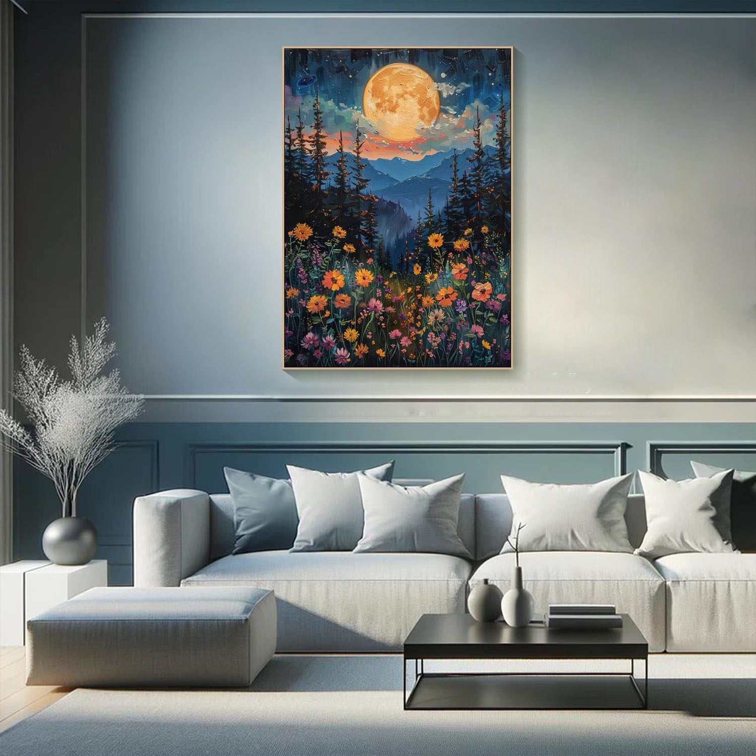 Tranquil Moonlit Meadow And Flower Field, Modern Wall Art #MM321