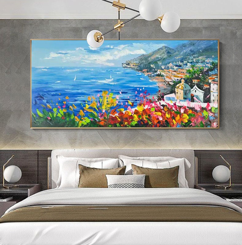 Vibrant Coastal Village View, Colorful Seaside Landscape Oil Painting #MM303