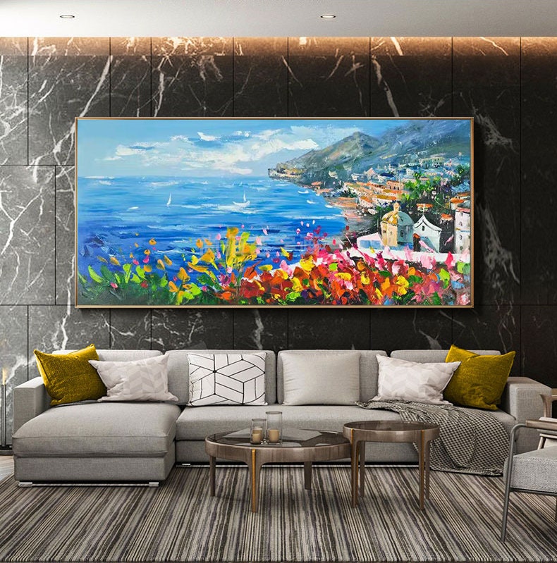 Vibrant Coastal Village View, Colorful Seaside Landscape Oil Painting #MM303