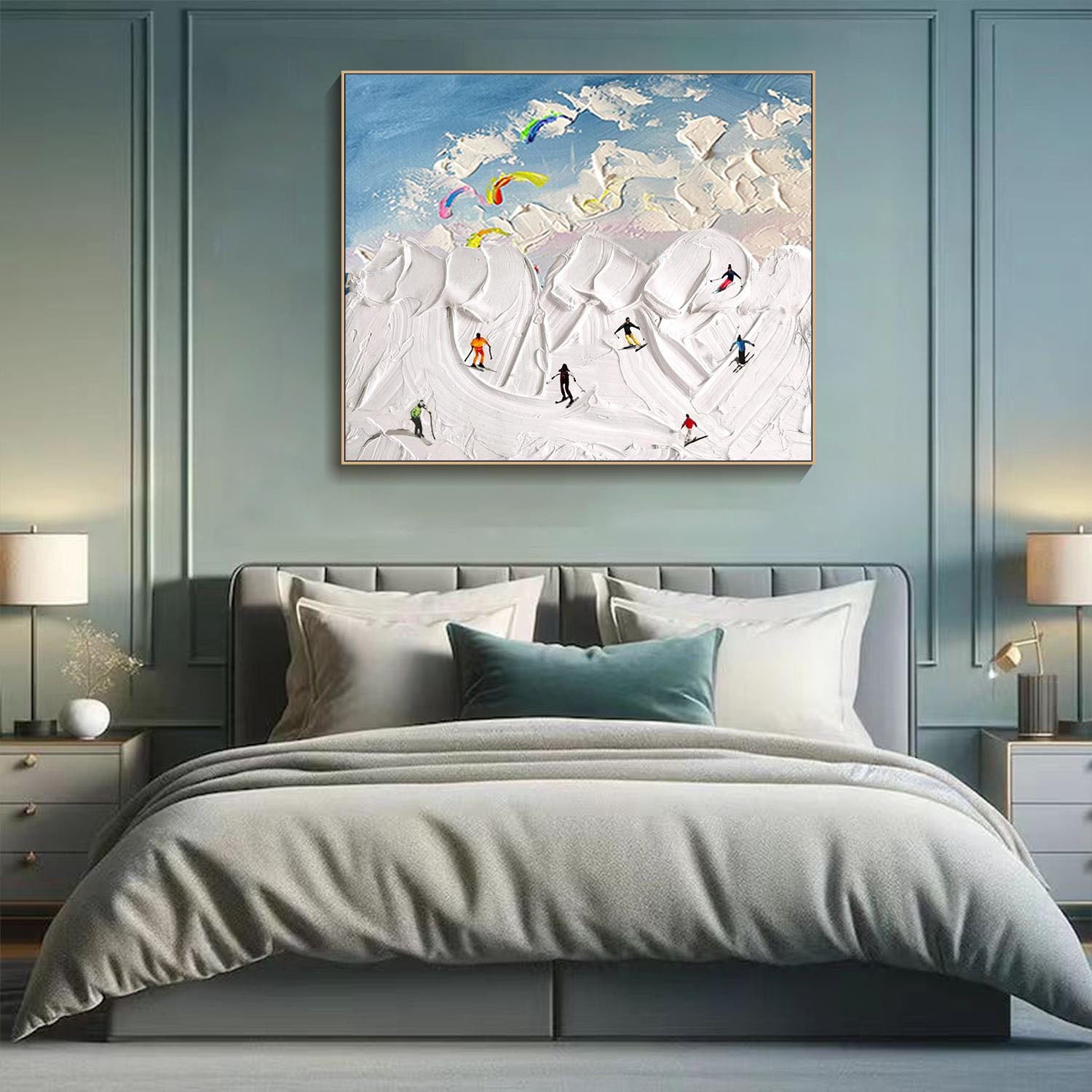 Textured Snowscape with Skiers, Abstract Wall Art #MM291