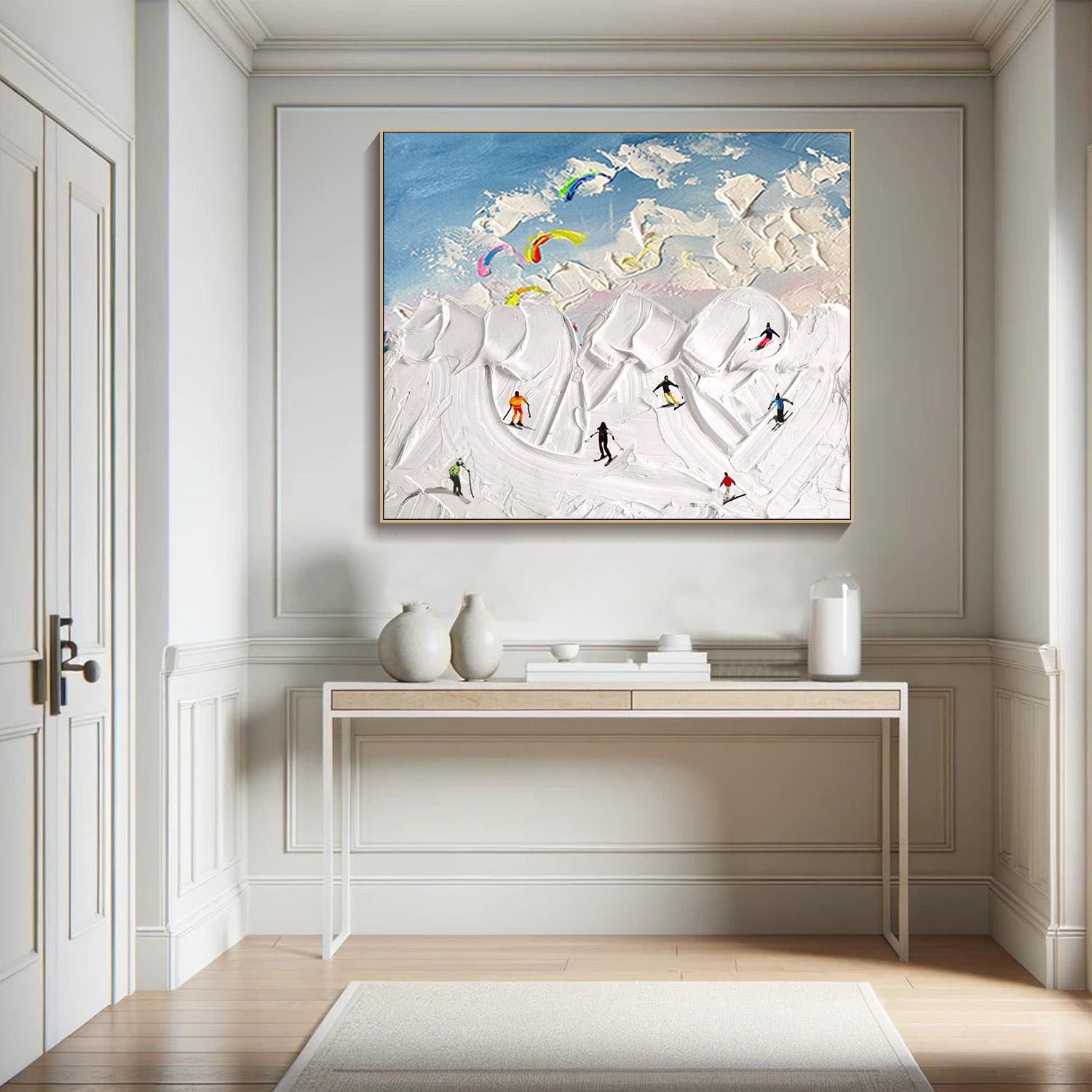 Textured Snowscape with Skiers, Abstract Wall Art #MM291