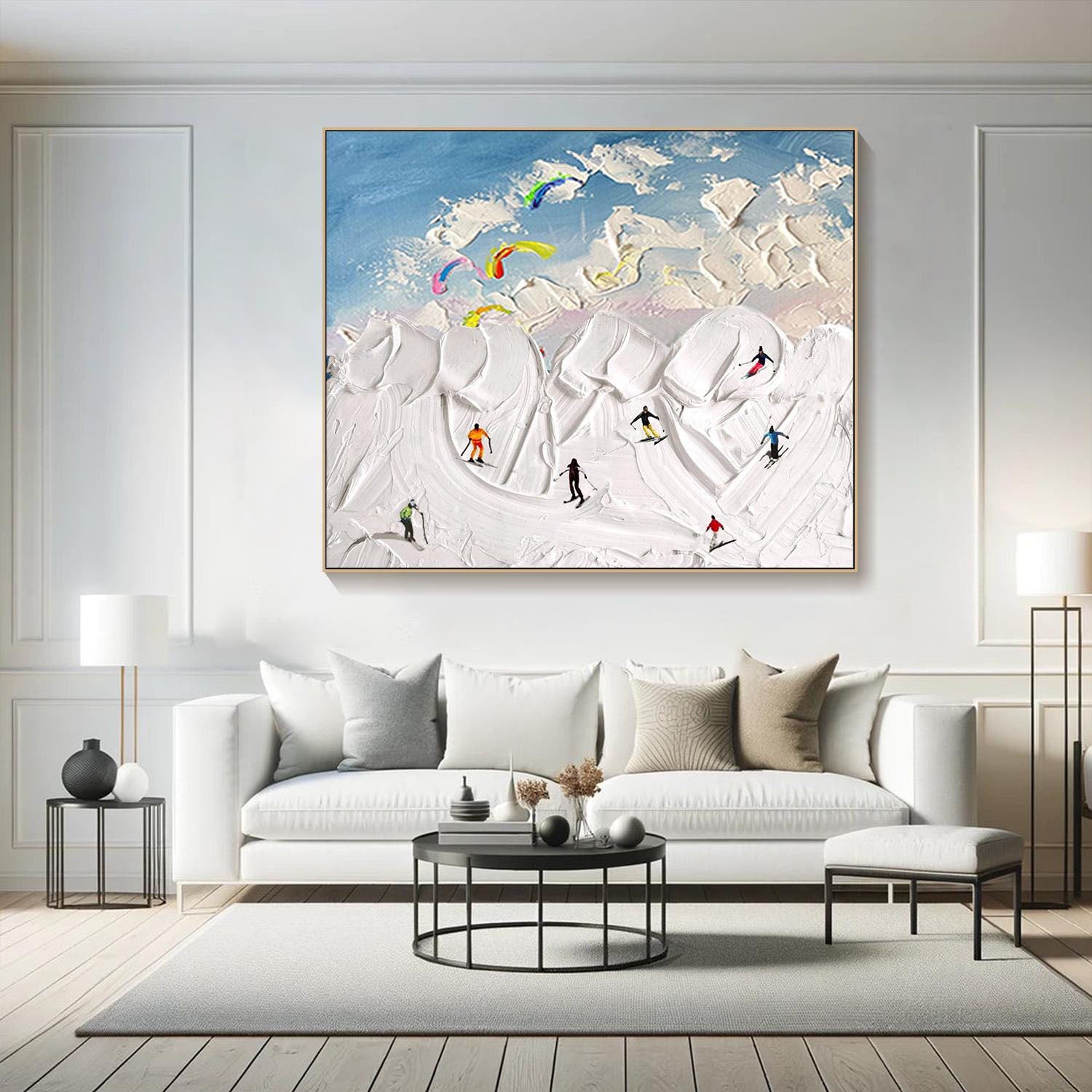 Textured Snowscape with Skiers, Abstract Wall Art #MM291