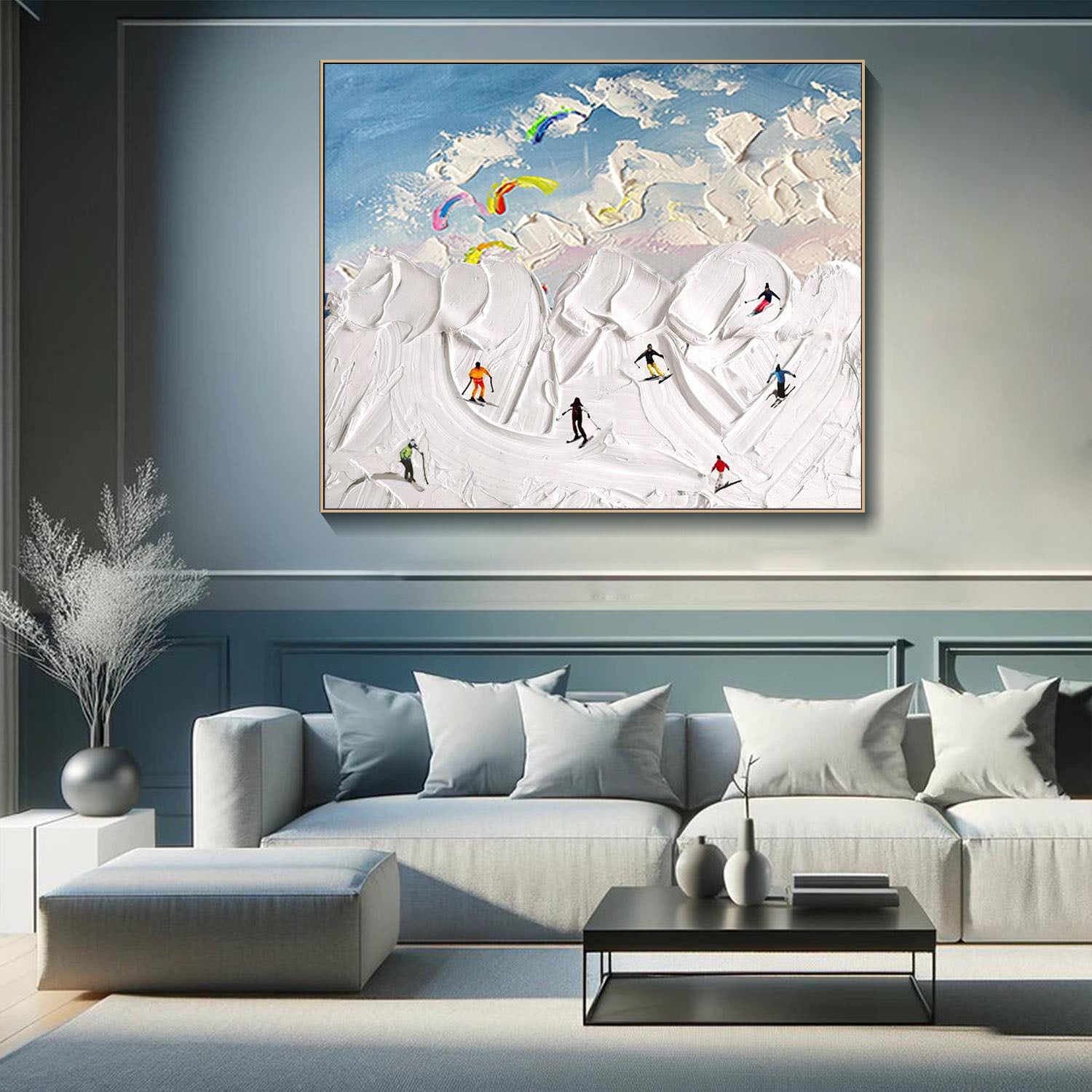 Textured Snowscape with Skiers, Abstract Wall Art #MM291