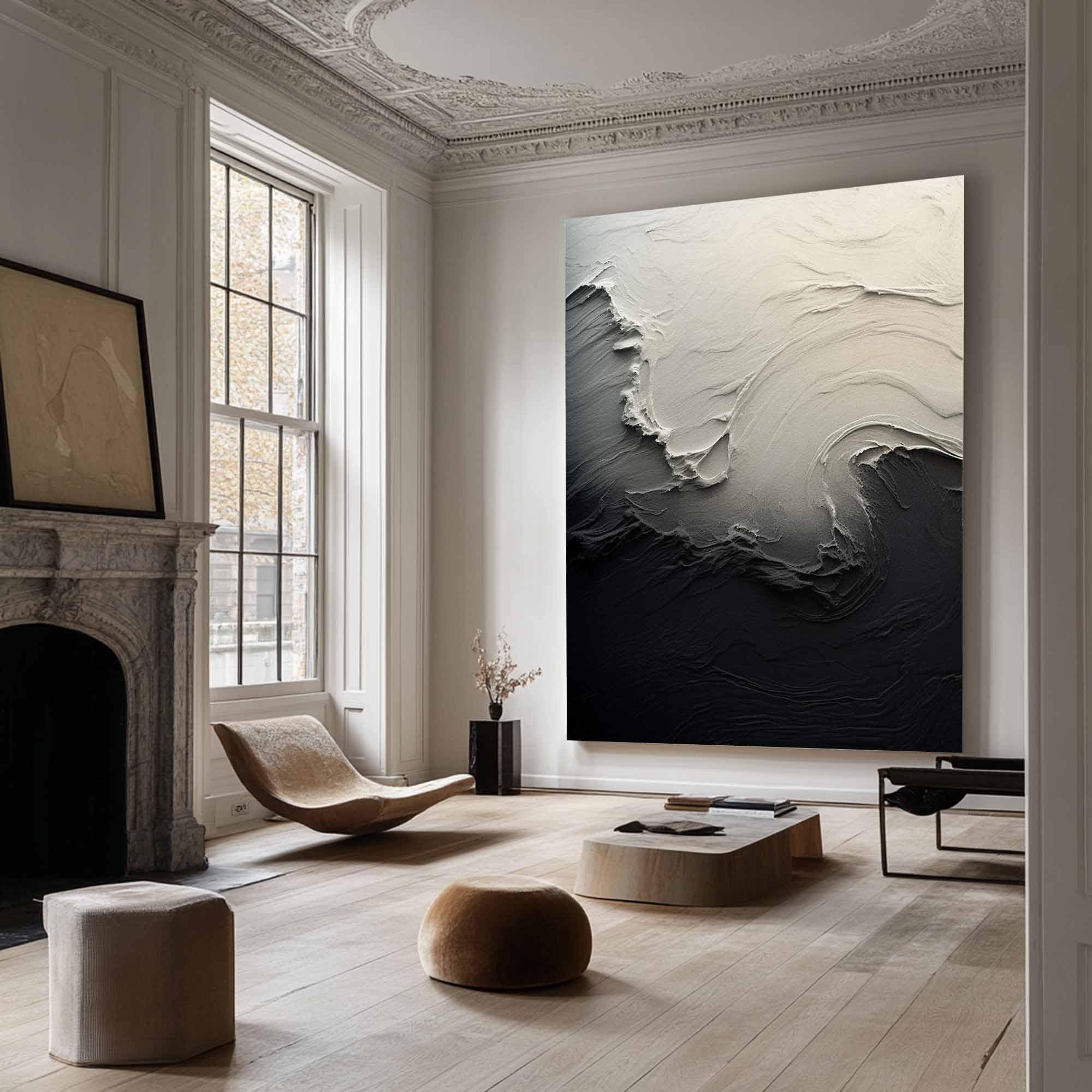 Textured White Form on Black Minimalist Abstract Wall Art #OP074