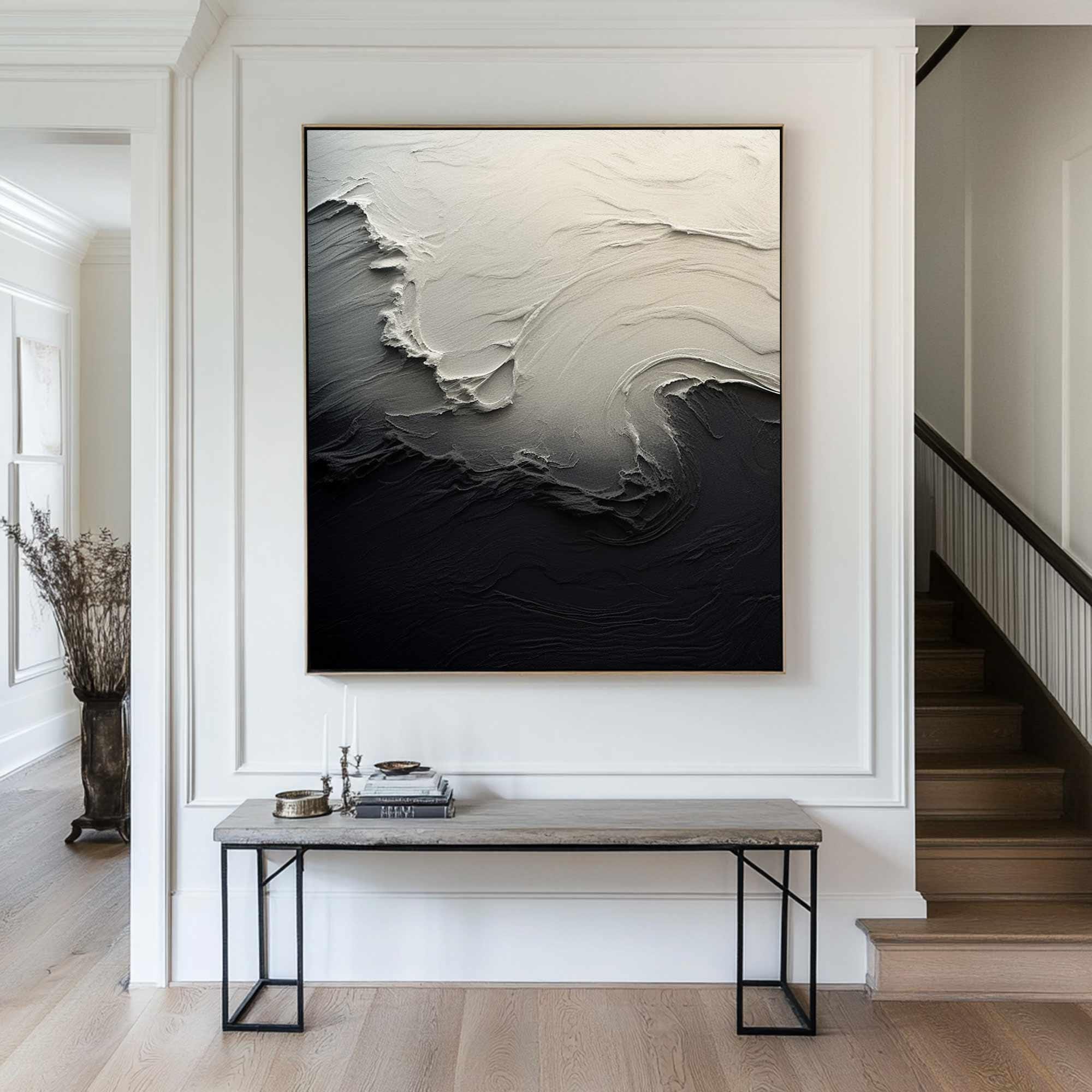 Textured White Form on Black Minimalist Abstract Wall Art #OP074