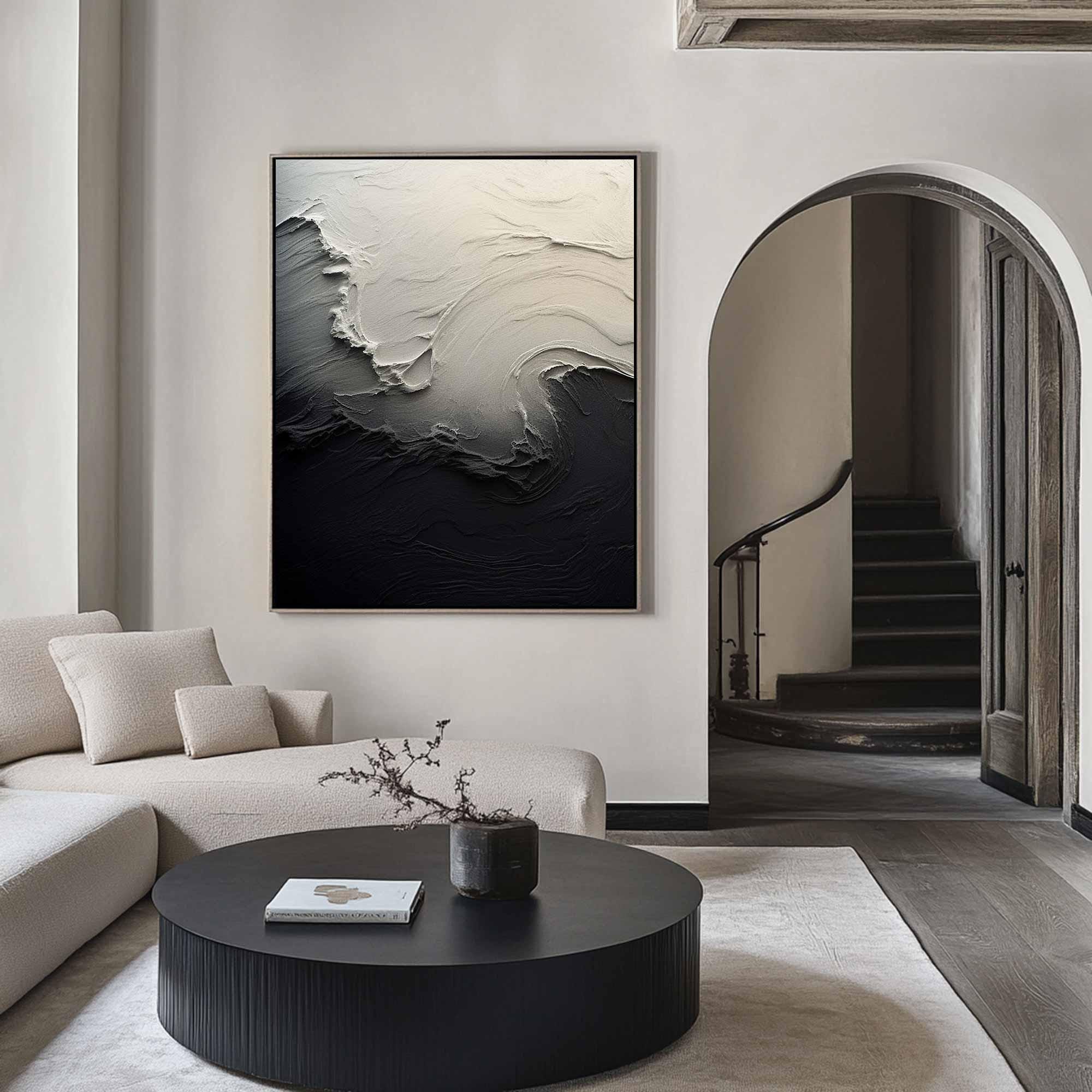 Textured White Form on Black Minimalist Abstract Wall Art #OP074